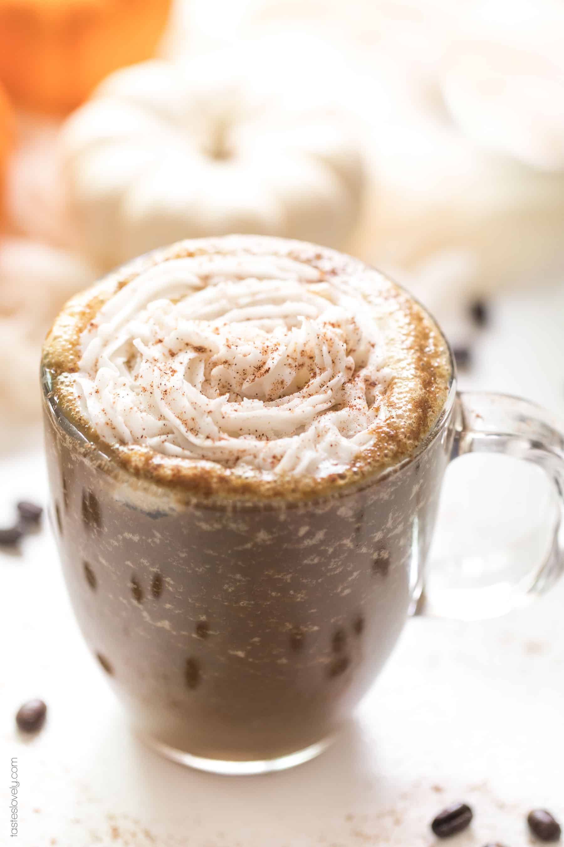 Paleo & Whole30 Pumpkin Spice Latte - sweetened naturally with dates and flavored with real pumpkin puree. Made in a blender, no fancy coffee machines needed! Paleo, Whole30, dairy free, sugar free, gluten free, vegan, clean eating.