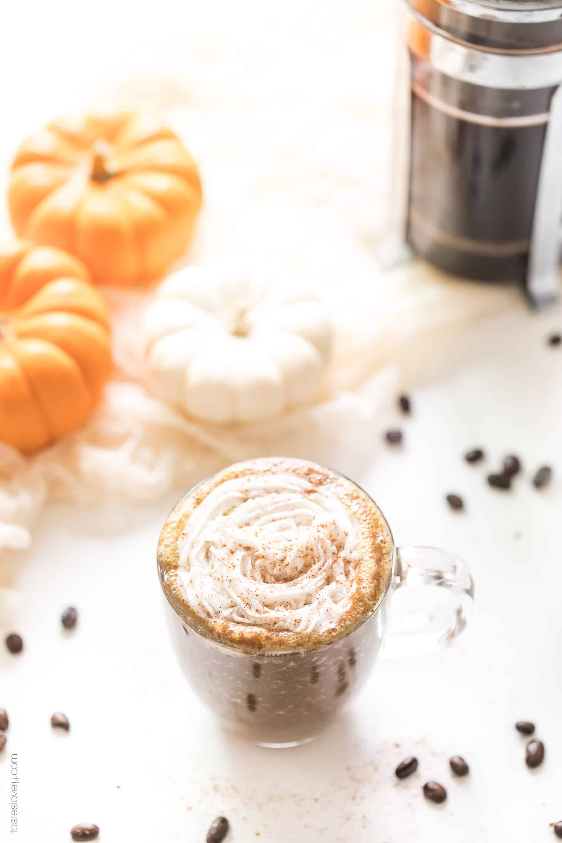 Paleo & Whole30 Pumpkin Spice Latte - sweetened naturally with dates and flavored with real pumpkin puree. Made in a blender, no fancy coffee machines needed! Paleo, Whole30, dairy free, sugar free, gluten free, vegan, clean eating.