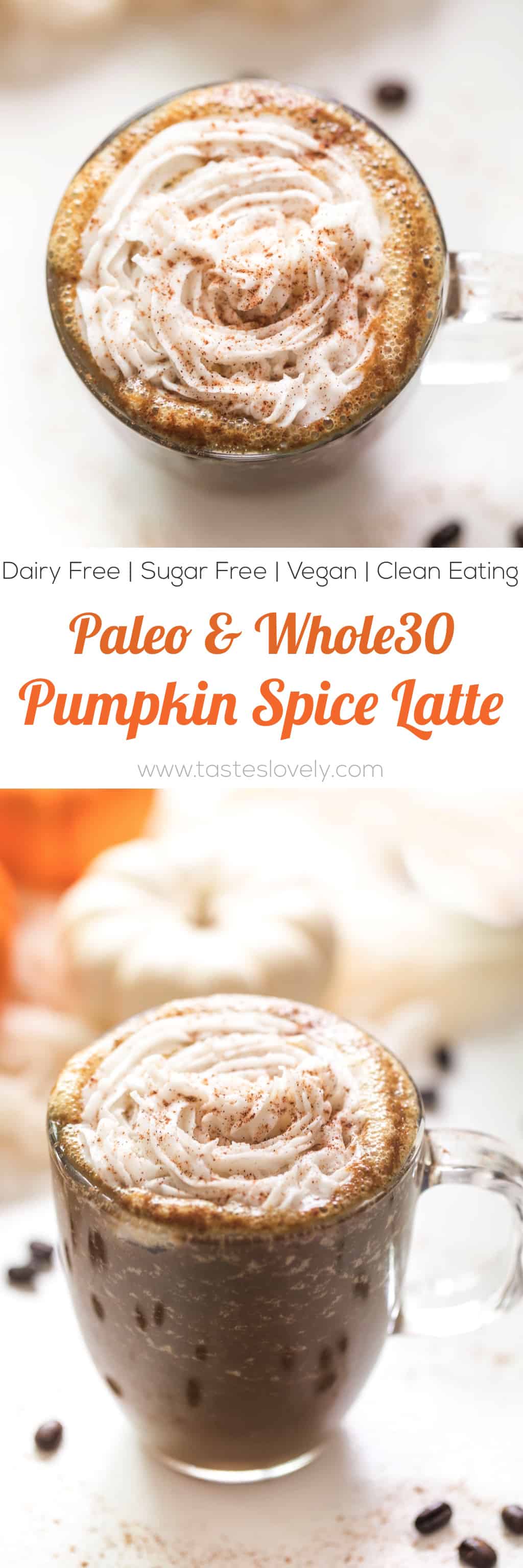 Paleo & Whole30 Pumpkin Spice Latte - sweetened naturally with dates and flavored with real pumpkin puree. Made in a blender, no fancy coffee machines needed! Paleo, Whole30, dairy free, sugar free, gluten free, vegan, clean eating.