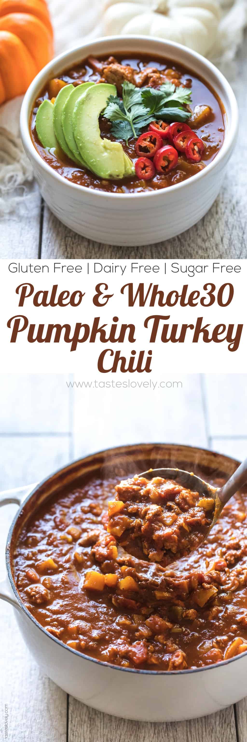 Paleo & Whole30 Pumpkin Turkey Chili Recipe - a no bean chili recipe you can make on the stovetop or in your slow cooker! Dairy free, gluten free, sugar free, clean eating.