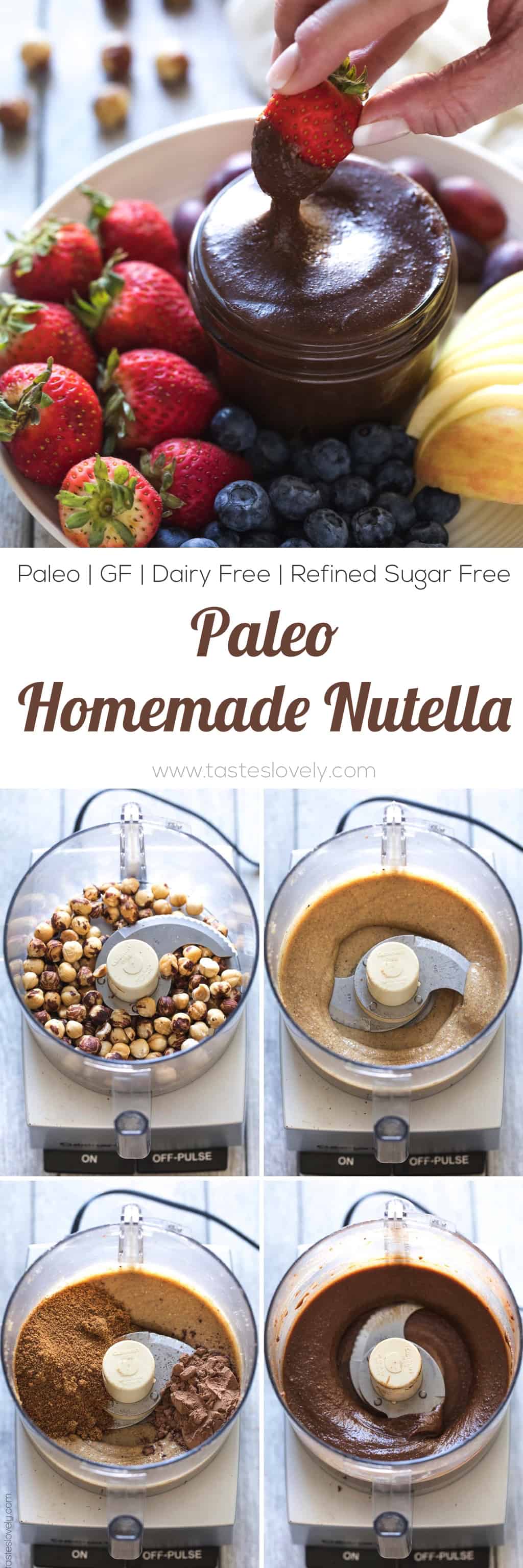 Homemade Paleo Nutella - made with just hazelnuts, cocoa powder and coconut sugar! A much healthier Nutella copycat hazelnut spread that is paleo, dairy free, refined sugar free, gluten free, grain free and clean eating.