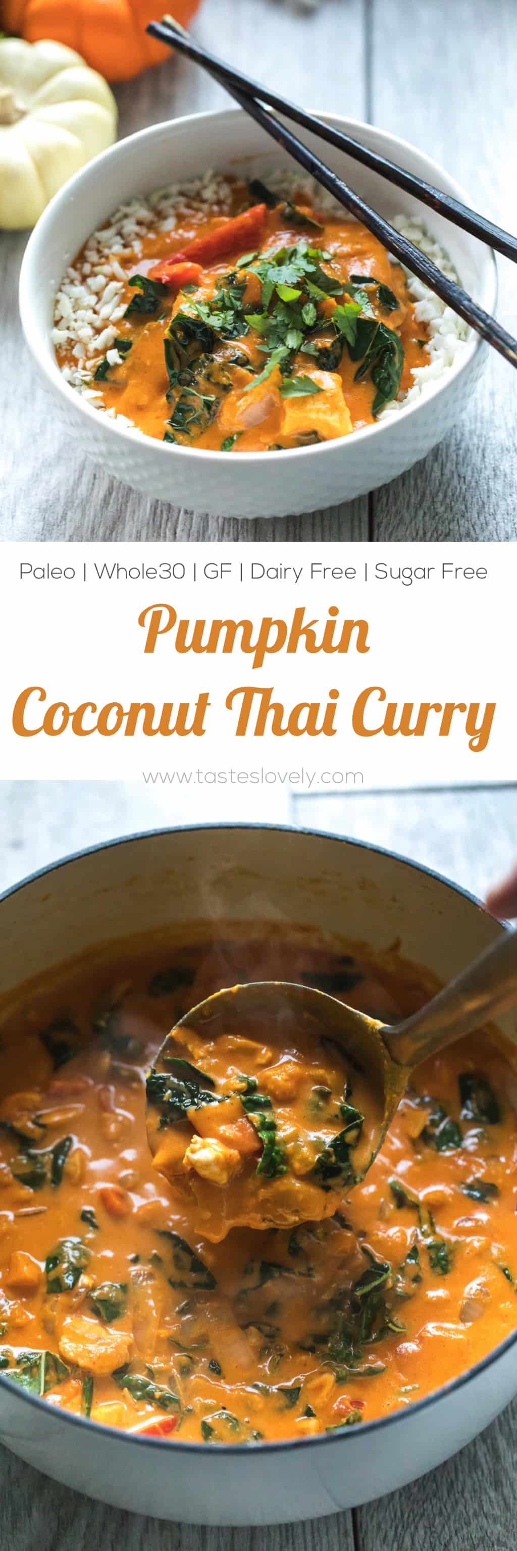 Paleo & Whole30 Pumpkin Coconut Thai Curry - a flavorful and healthy dinner recipe! Gluten free, grain free, dairy free, sugar free, clean eating