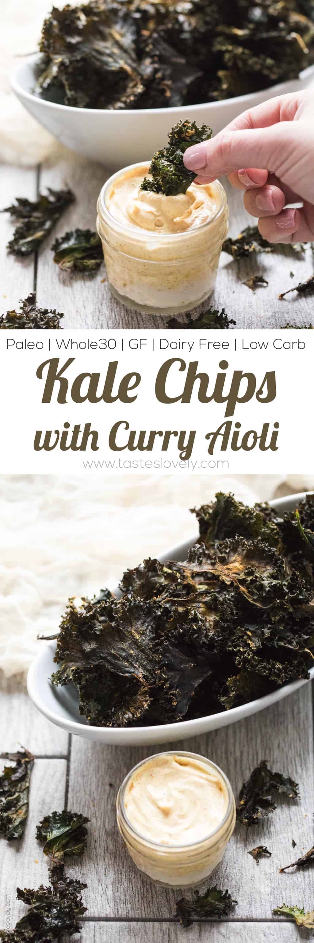 Roasted Kale Chips with Curry Aioli - a crispy, crunchy salty snack that is Paleo & Whole30. Ready in 20 minutes. Served with a curry aioli dipping sauce.