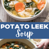 pinterest pin of potato leek soup with chicken and kale
