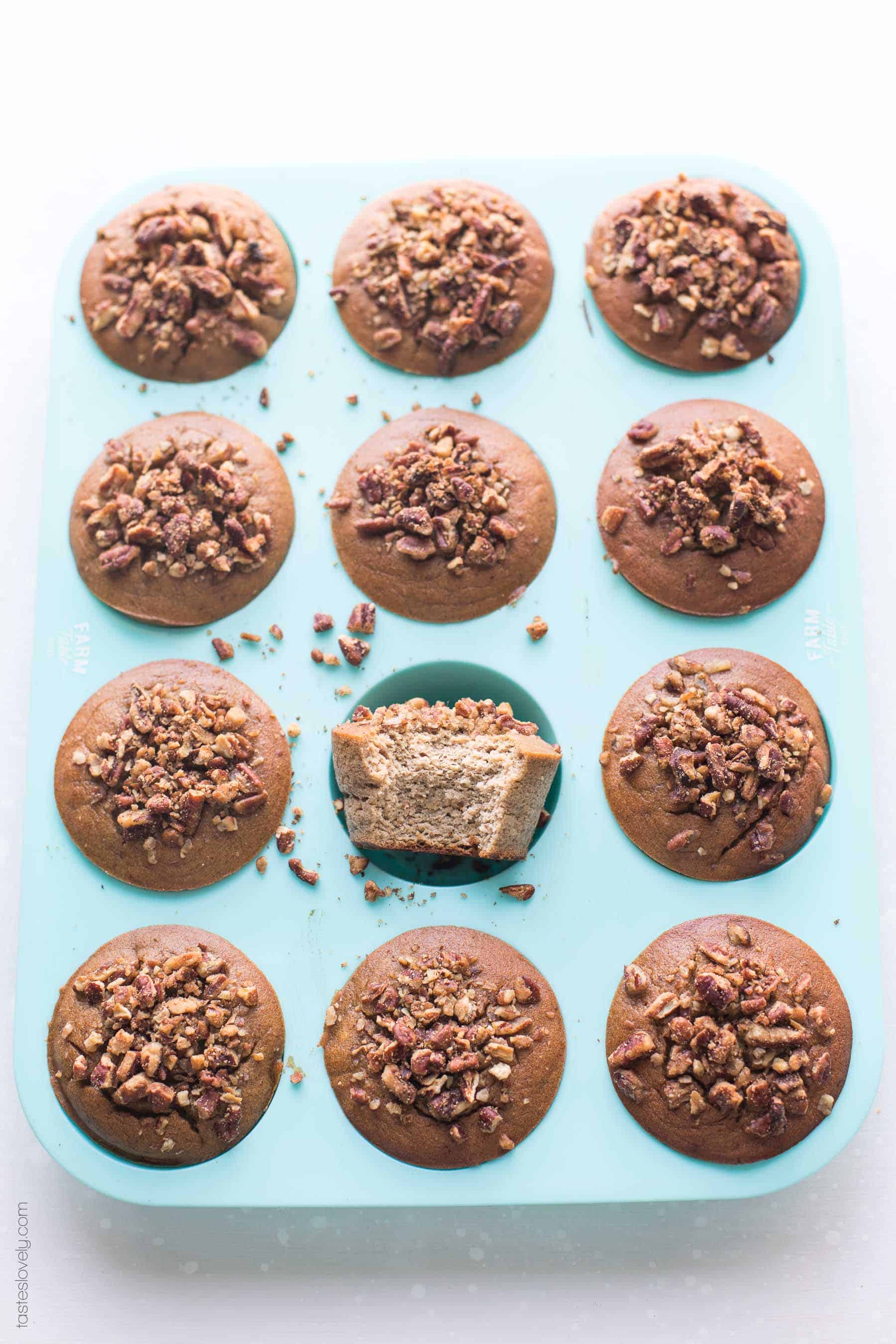paleo chai spice muffins in a turquoise muffin pan