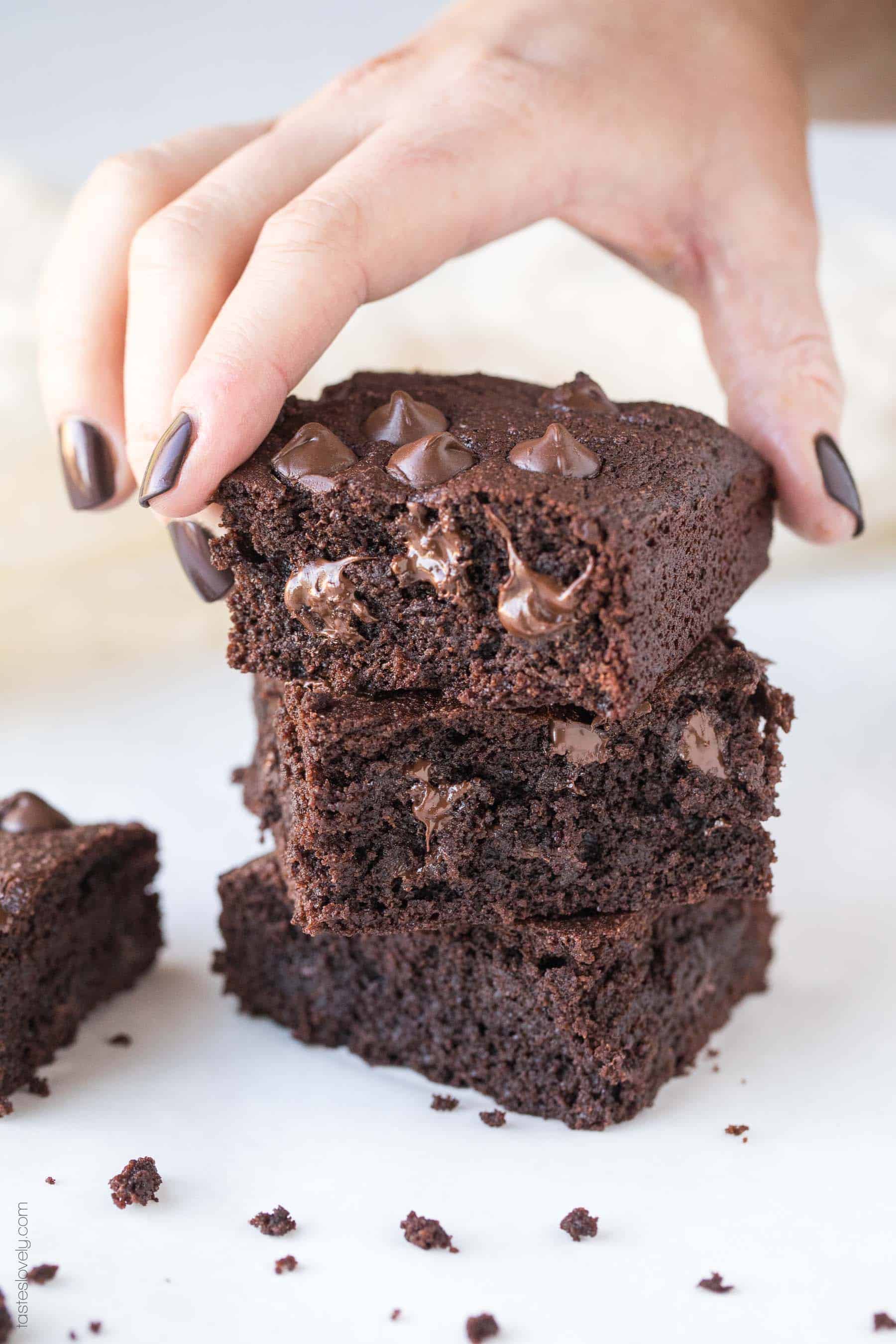 a close up of three low carb brownies