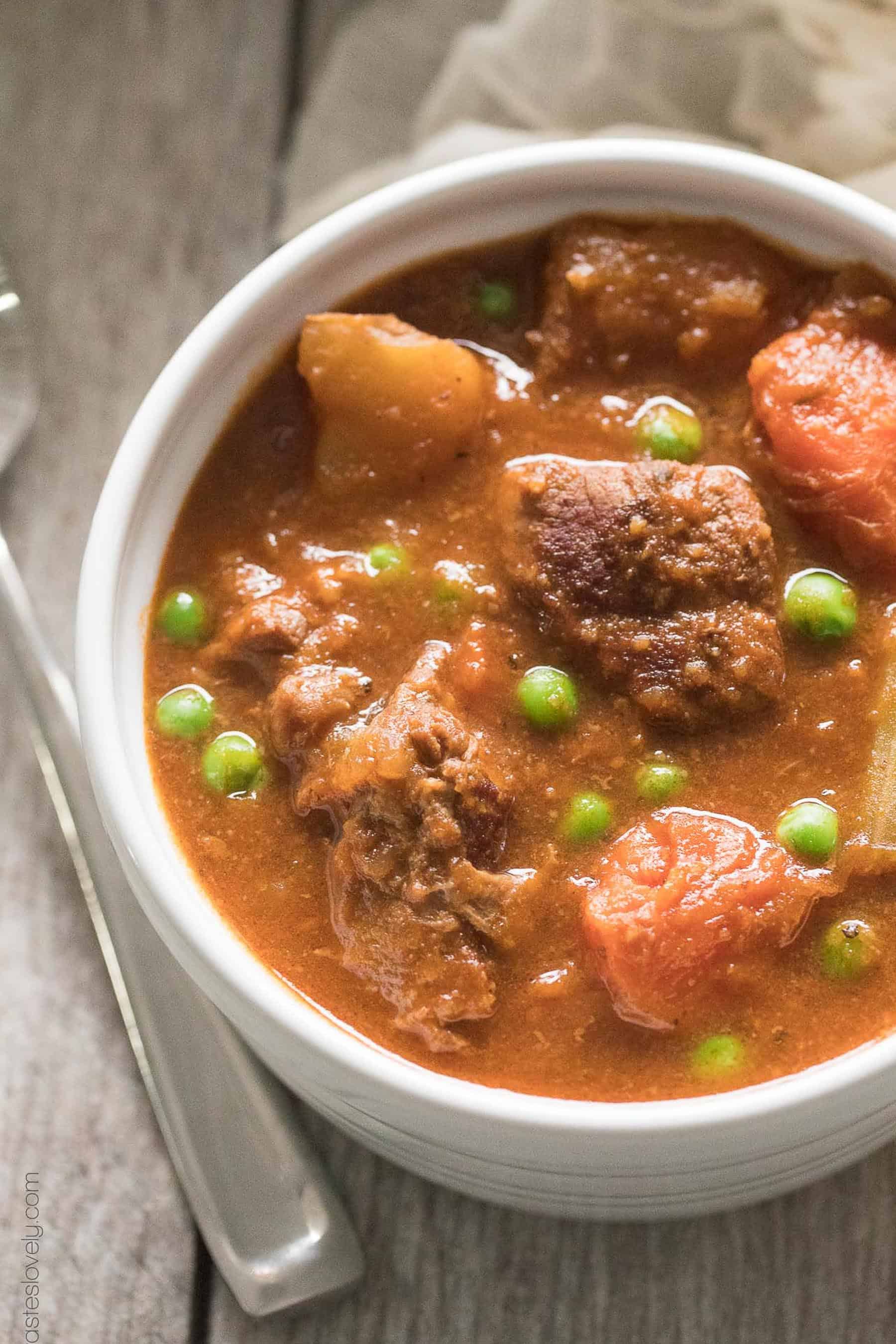 beef stew in a white bowl