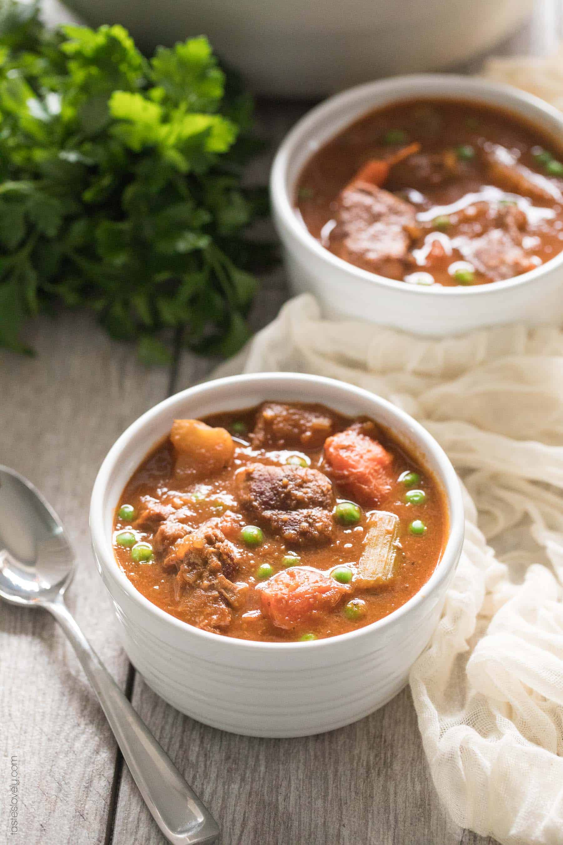 beef stew in a white bowl