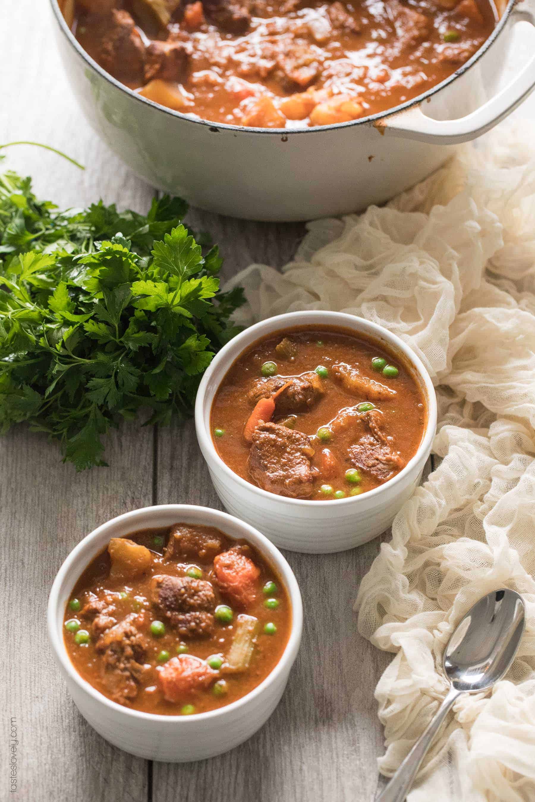 beef stew in a dutch oven and 2 white bowls