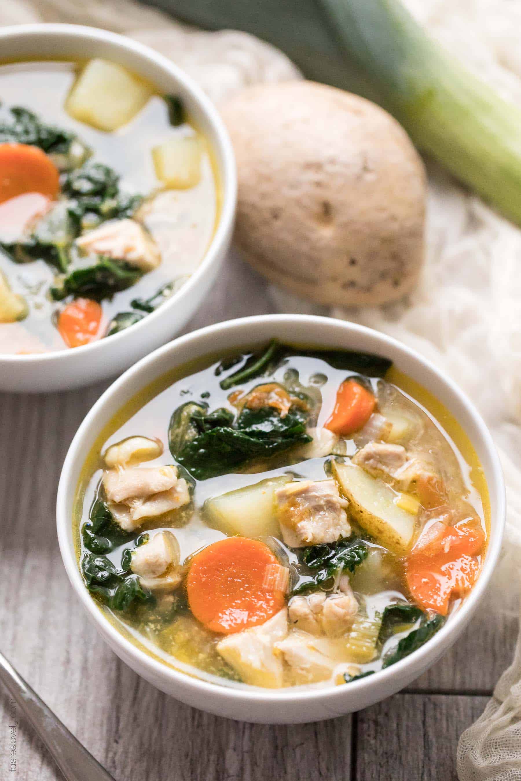 Paleo & Whole30 Potato, Leek & Chicken Soup with Kale - a healthy and flavorful detox soup recipe. Gluten free, grain free, sugar free, dairy free, clean eating.