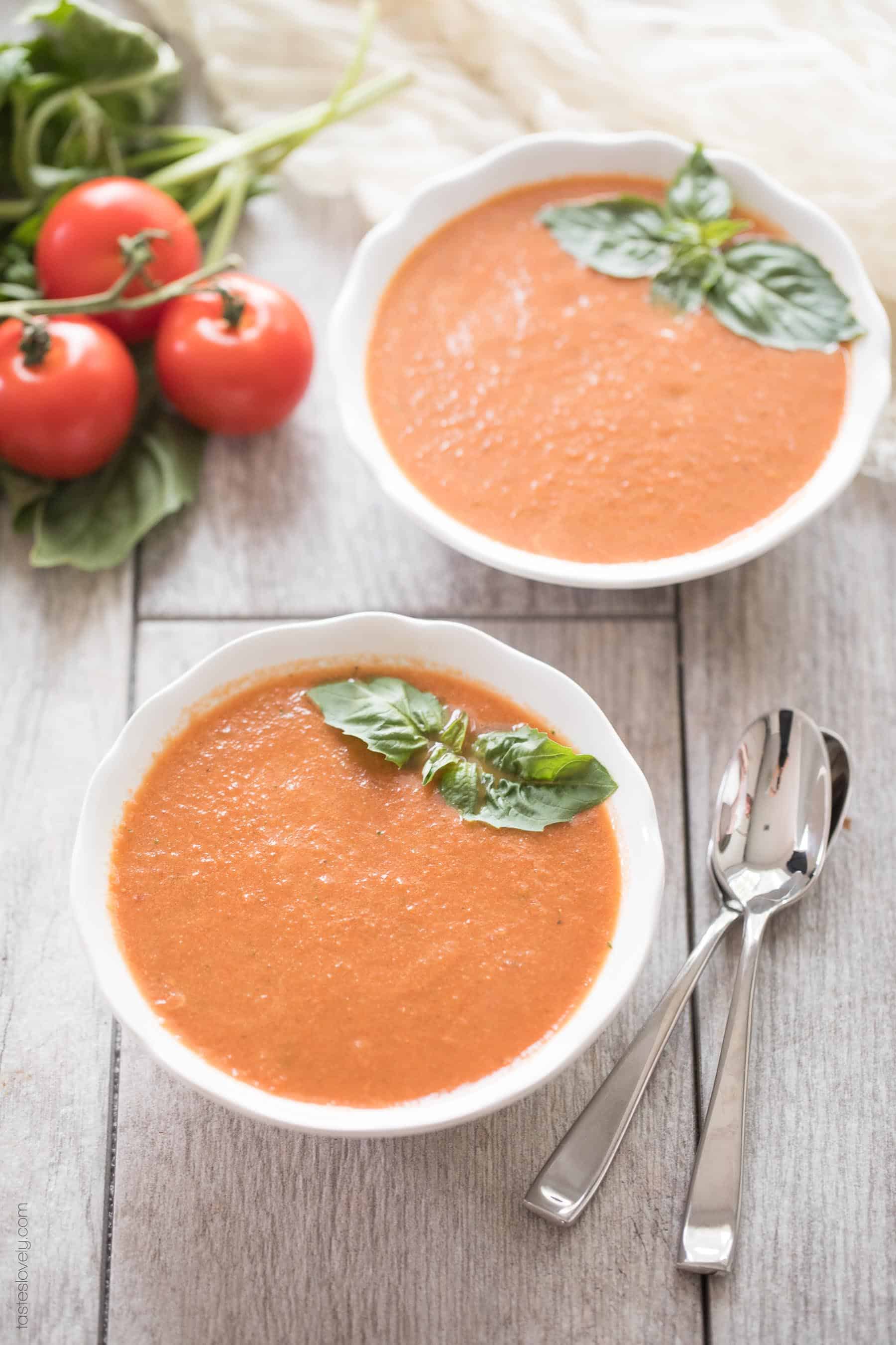 Paleo & Whole30 Tomato Basil Soup - made with canned tomatoes and in the blender, ready in 15 minutes! (dairy free, gluten free, sugar free)