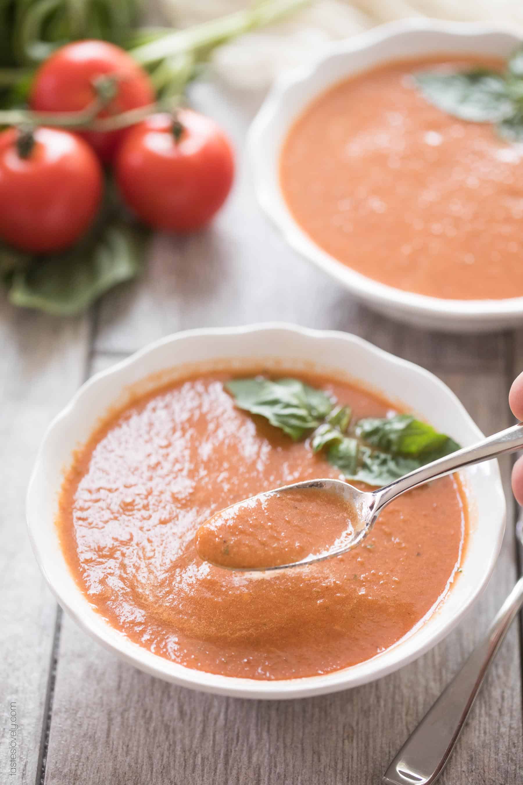 Paleo & Whole30 Tomato Basil Soup - made with canned tomatoes and in the blender, ready in 15 minutes! (dairy free, gluten free, sugar free)