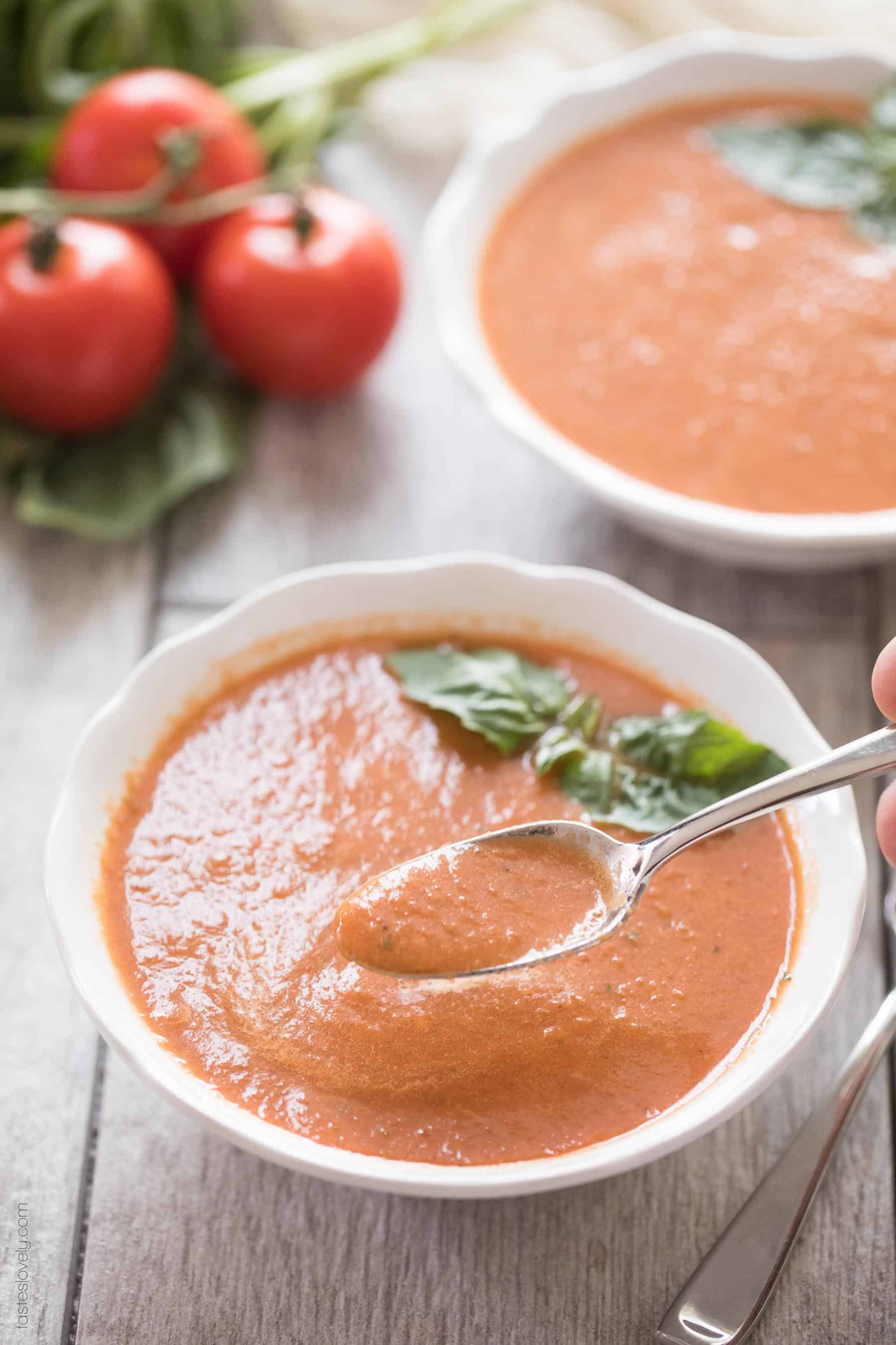 Easy Blender Tomato Basil Soup - 2 Cookin Mamas