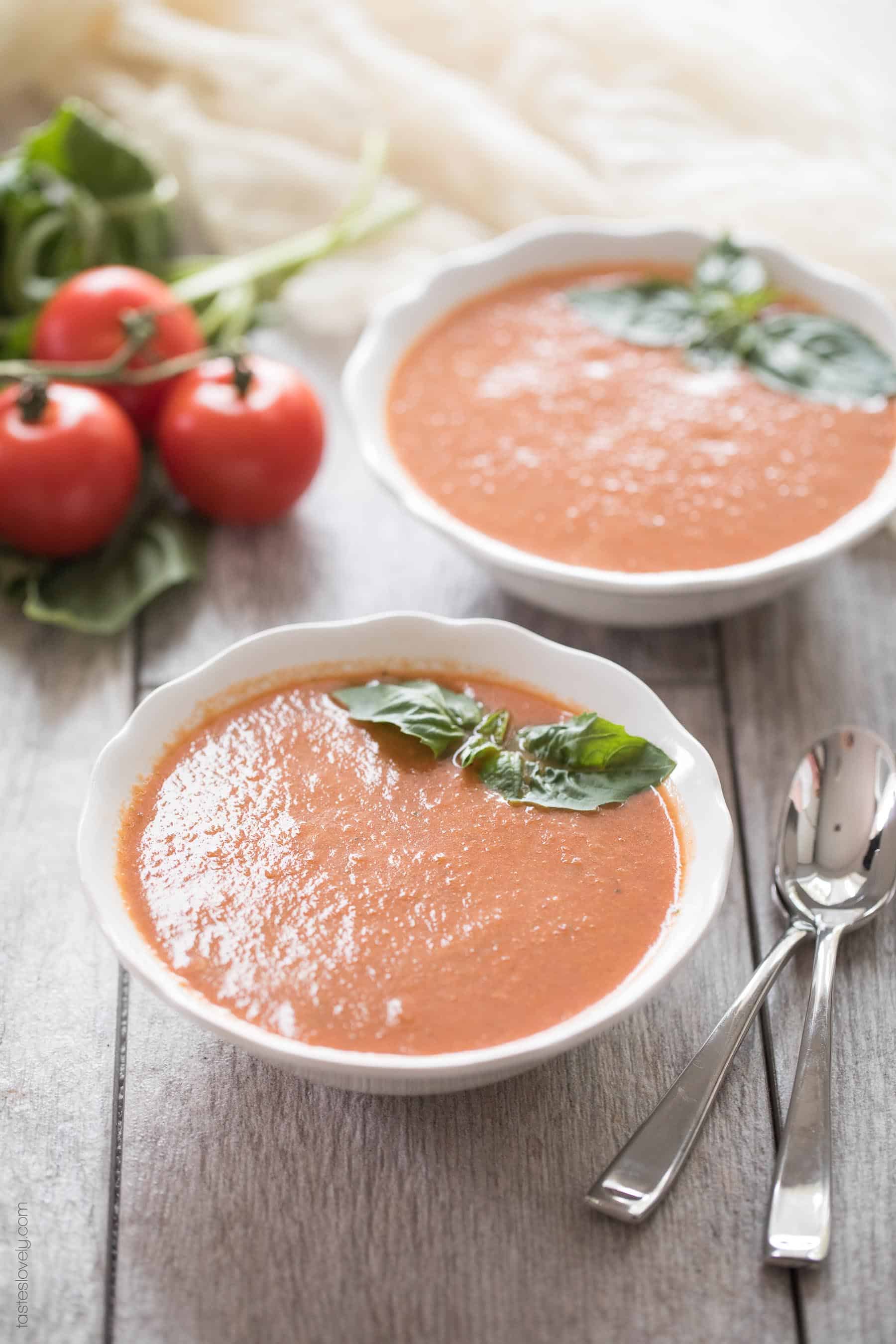 Paleo & Whole30 Tomato Basil Soup - made with canned tomatoes and in the blender, ready in 15 minutes! (dairy free, gluten free, sugar free)