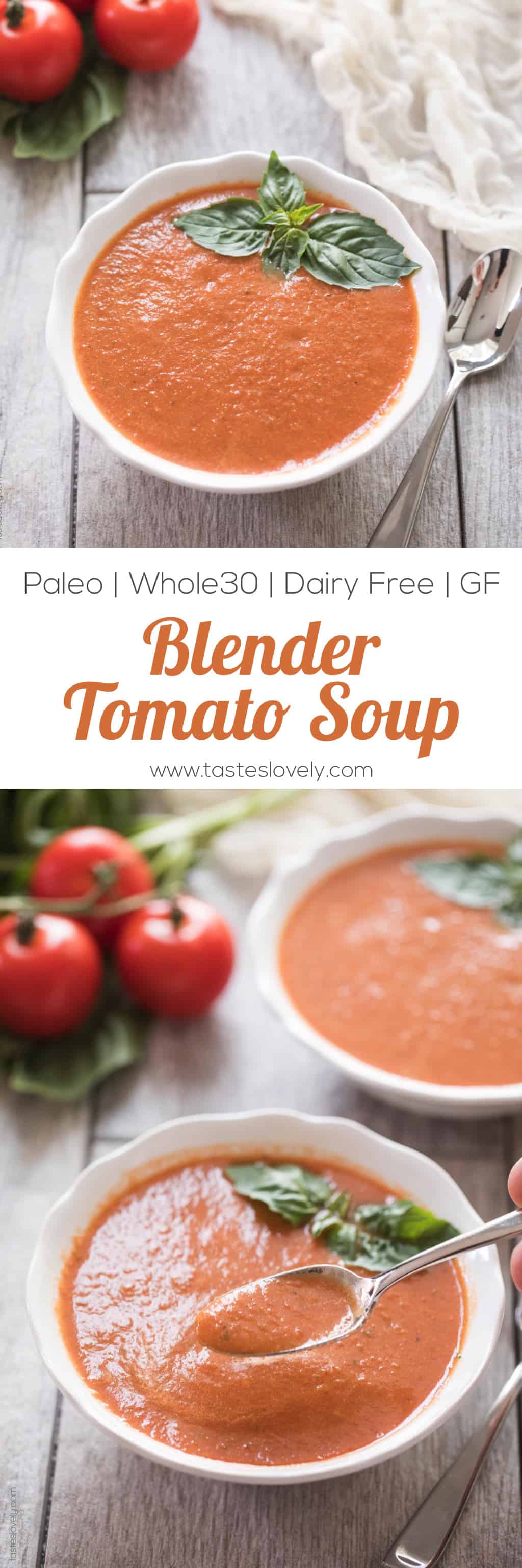 Paleo & Whole30 Tomato Basil Soup - made with canned tomatoes and in the blender, ready in 15 minutes! (dairy free, gluten free, sugar free)