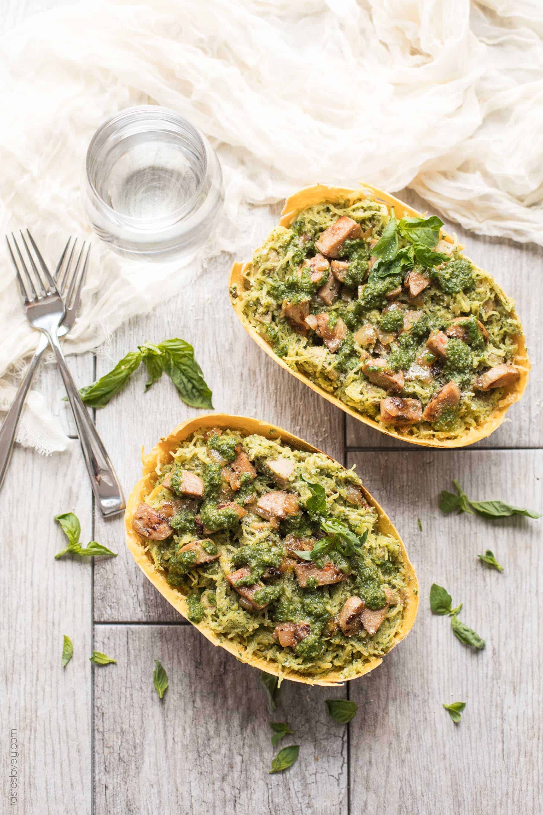 Spaghetti Squash with Sausage & Pesto (Paleo, Whole30) - a simple and delicious gluten free pasta recipe!