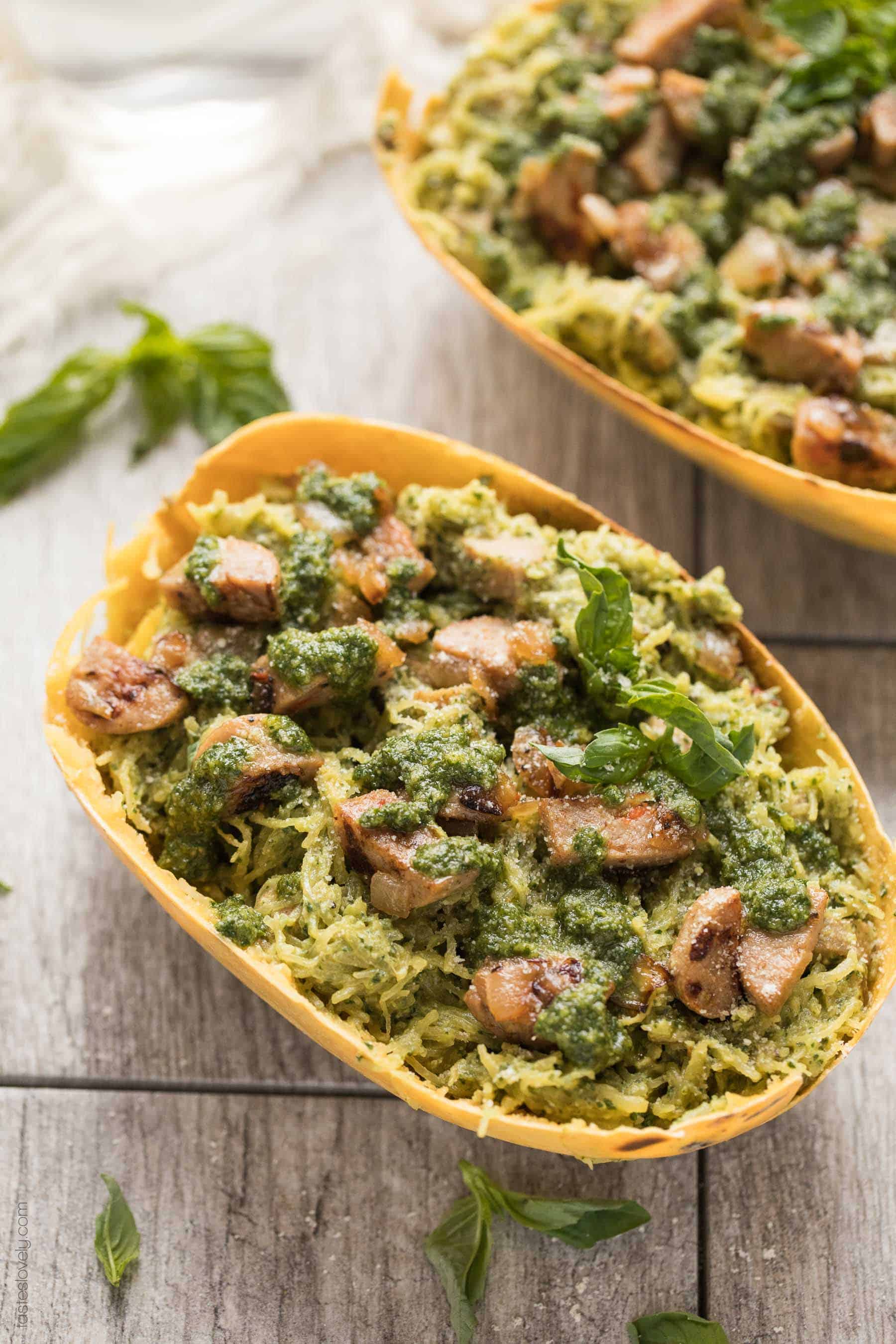 Spaghetti Squash with Sausage & Pesto (Paleo, Whole30) - a simple and delicious gluten free pasta recipe!