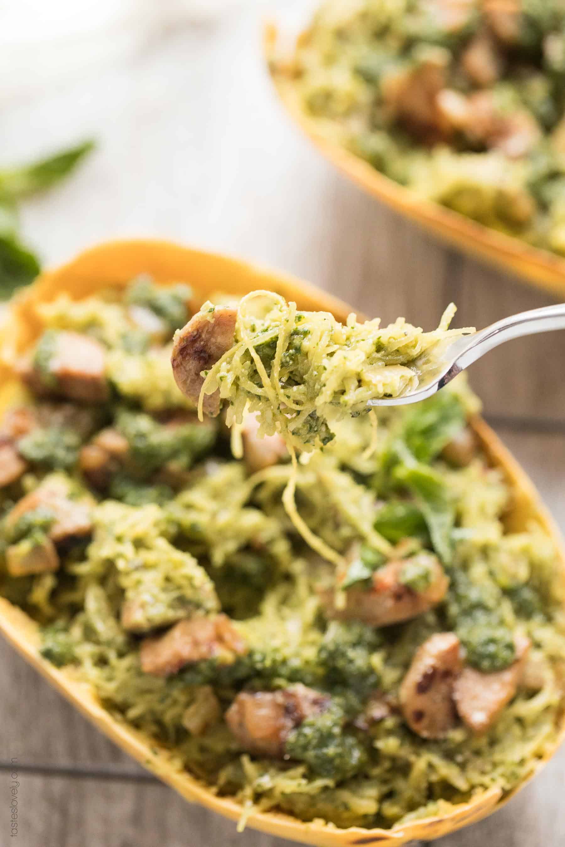 Spaghetti Squash with Sausage & Pesto (Paleo, Whole30) - a simple and delicious gluten free pasta recipe!