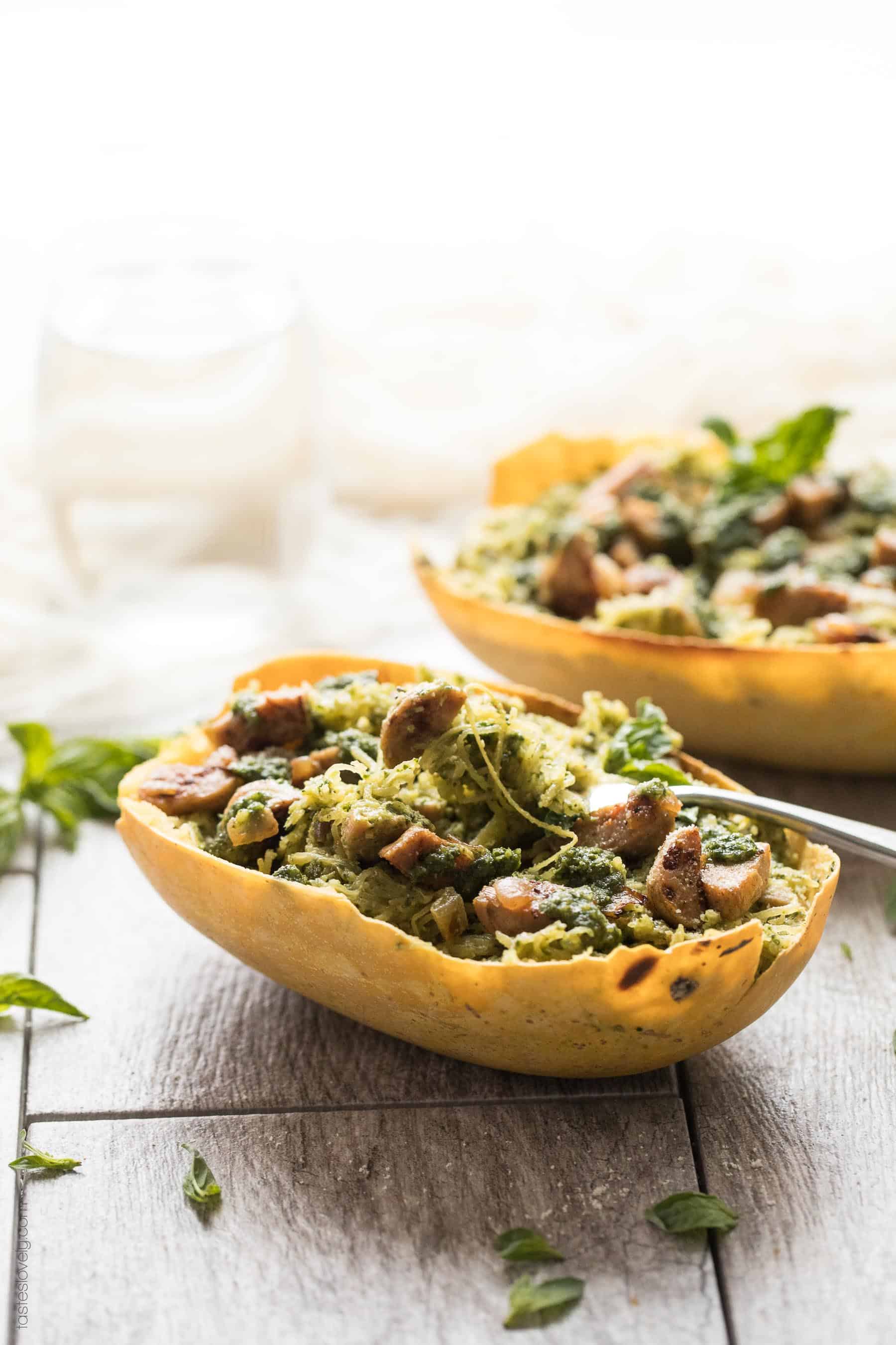 Spaghetti Squash with Sausage & Pesto (Paleo, Whole30) - a simple and delicious gluten free pasta recipe!