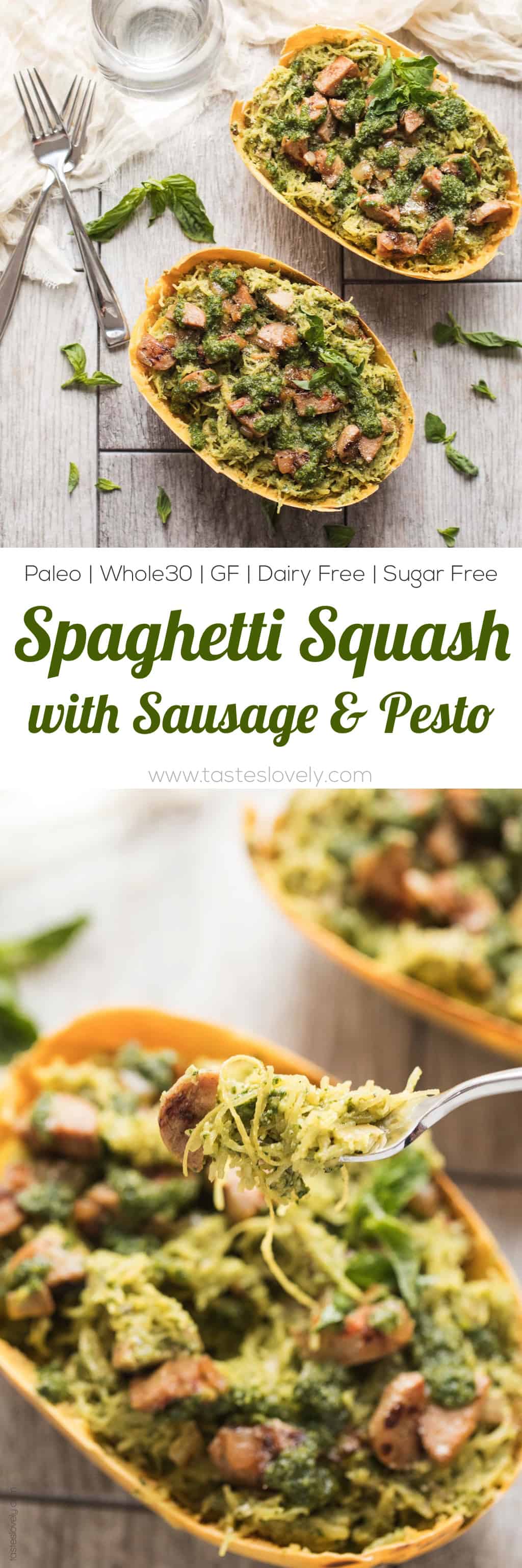 Spaghetti Squash with Sausage & Pesto (Paleo, Whole30) - a simple and delicious gluten free pasta recipe!