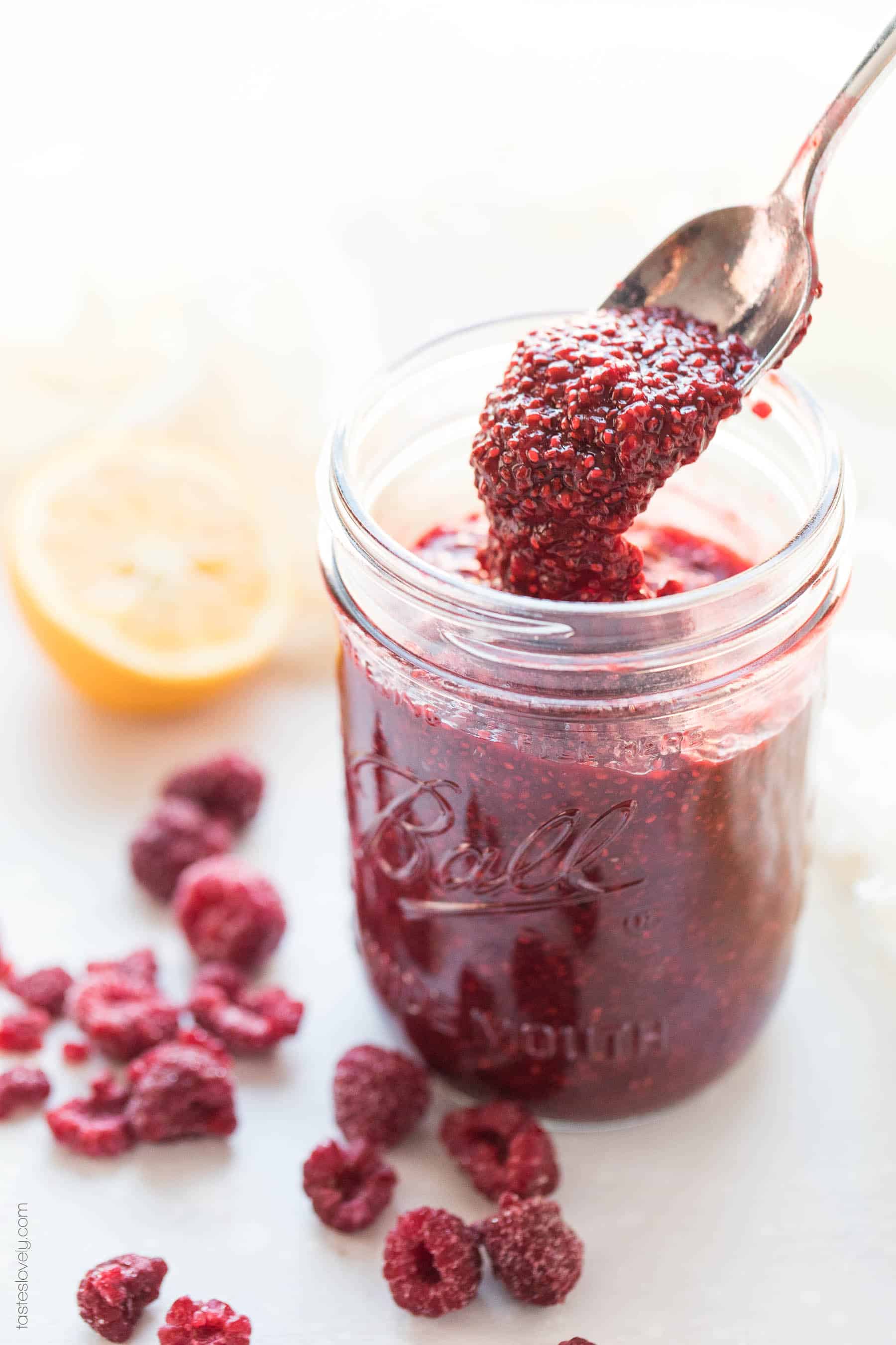 Paleo Chia Seed Jam with Frozen Berries - use any frozen berry! Sweetened with coconut sugar and freezer friendly.