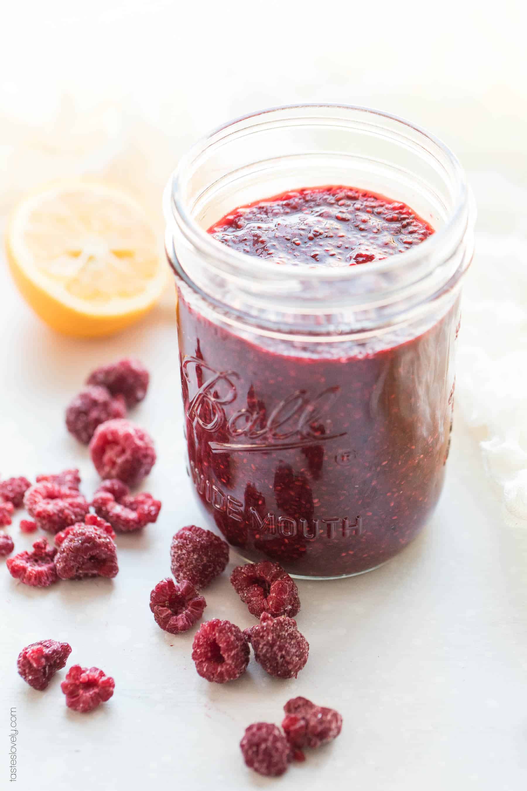 Paleo Chia Seed Jam with Frozen Berries - use any frozen berry! Sweetened with coconut sugar and freezer friendly.
