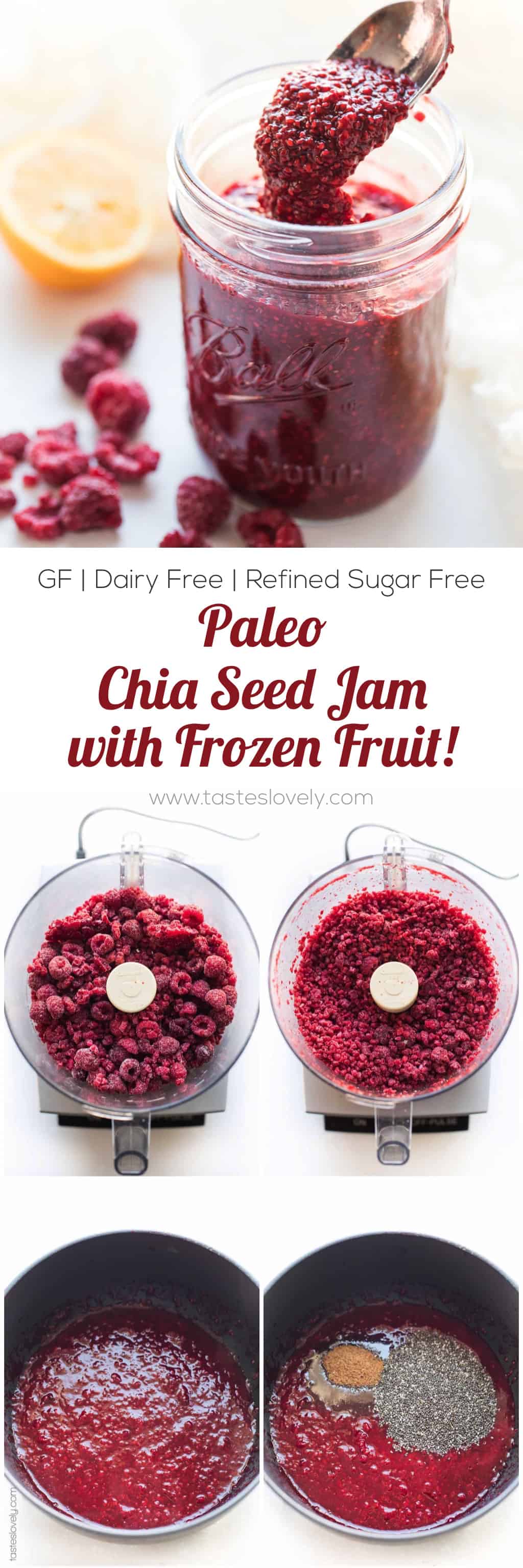 Paleo Chia Seed Jam with Frozen Berries - use any frozen berry! Sweetened with coconut sugar and freezer friendly.