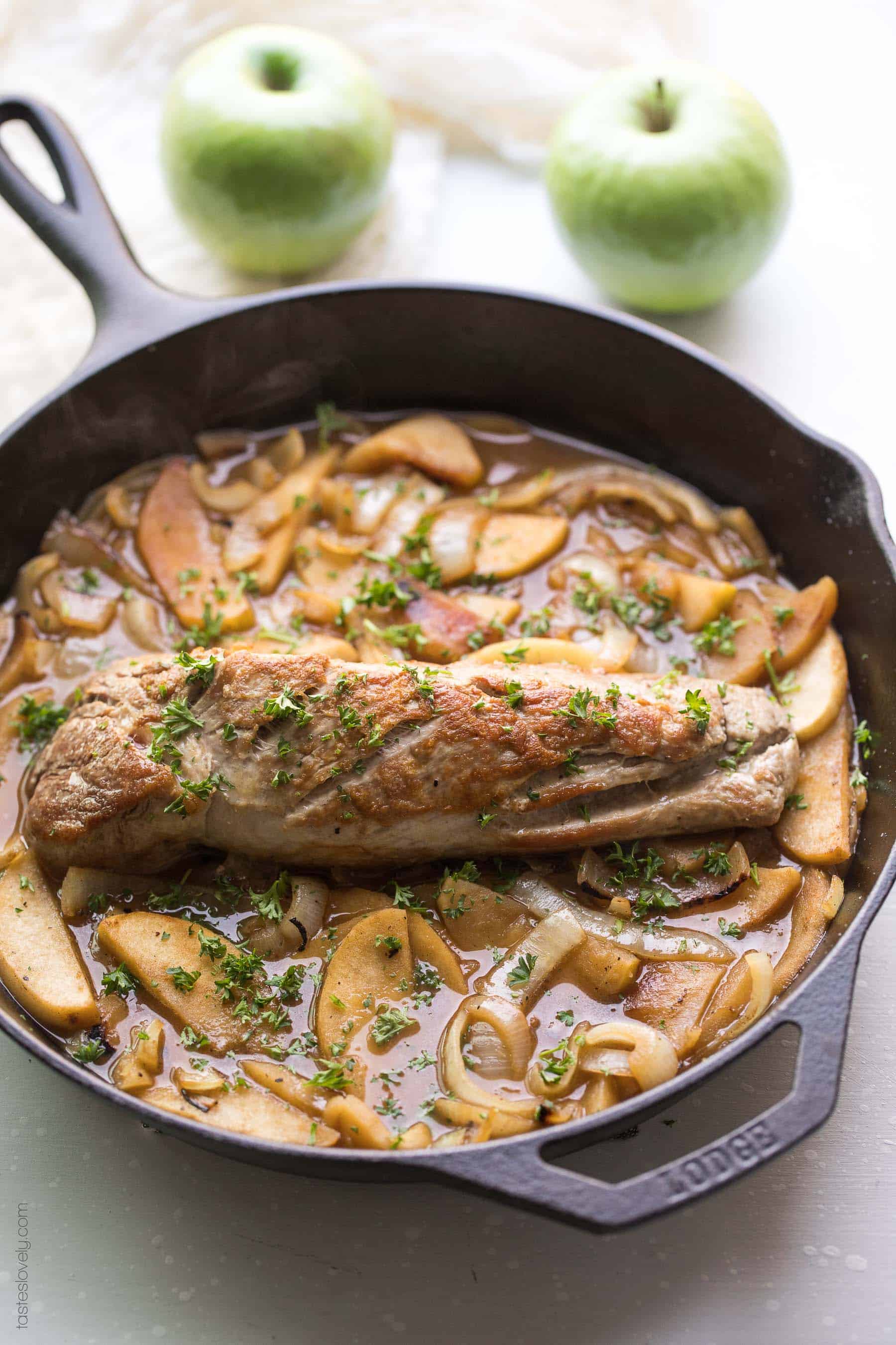 Paleo and Whole30 Apple & Onion Braised Pork Tenderloin - a flavorful and juicy dinner recipe that is dairy free, gluten free, sugar free