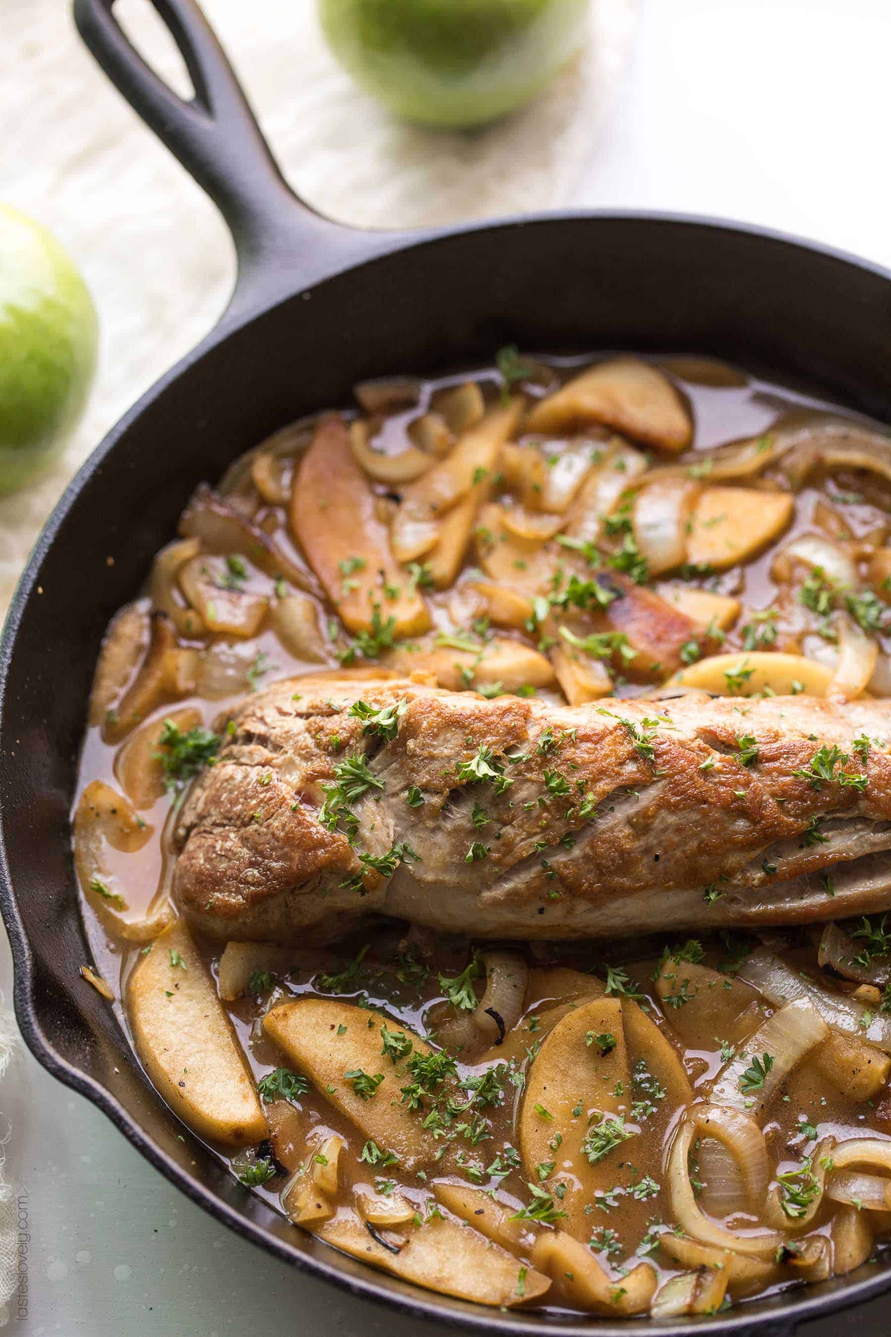 Paleo and Whole30 Apple & Onion Braised Pork Tenderloin - a flavorful and juicy dinner recipe that is dairy free, gluten free, sugar free