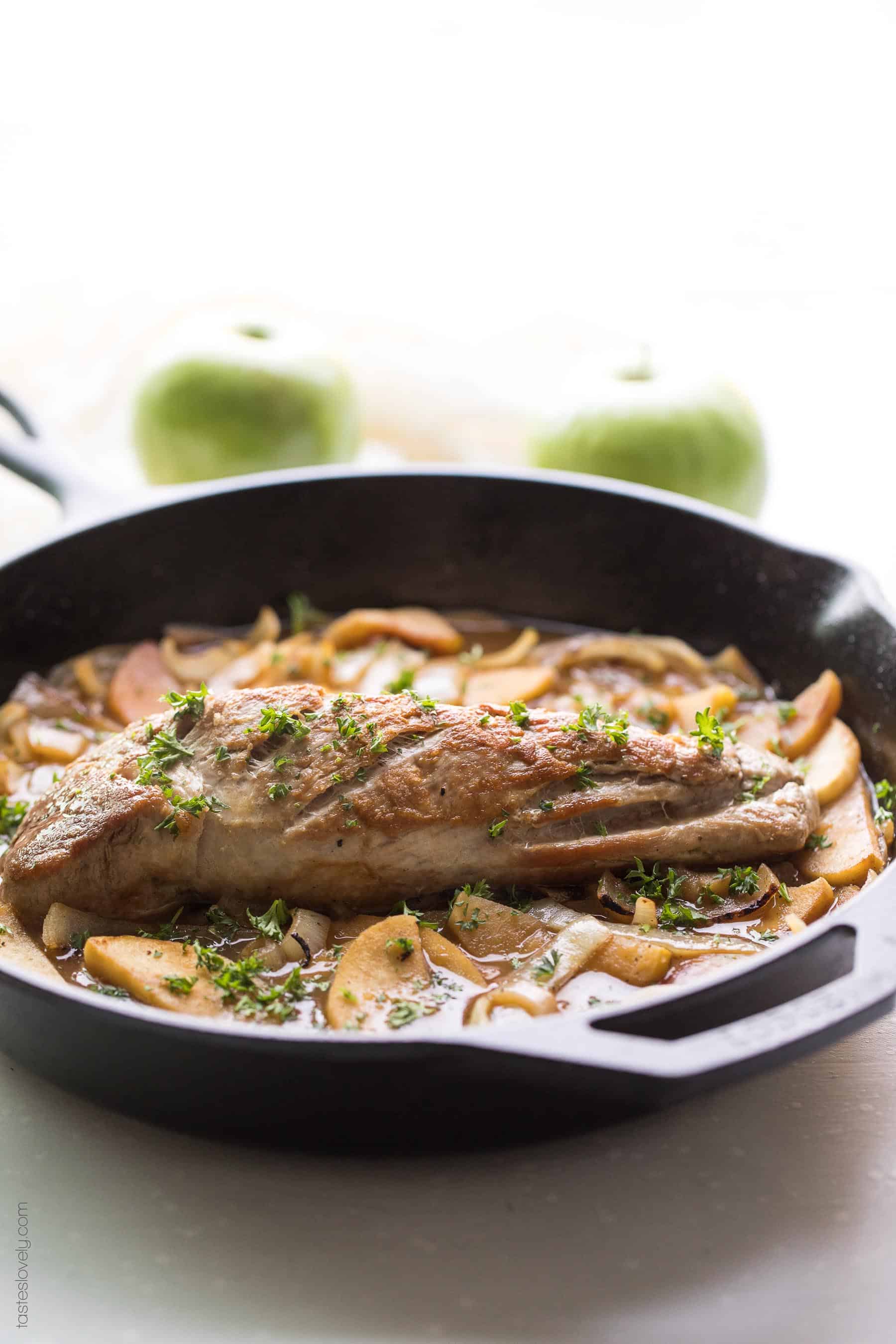 Paleo and Whole30 Apple & Onion Braised Pork Tenderloin - a flavorful and juicy dinner recipe that is dairy free, gluten free, sugar free