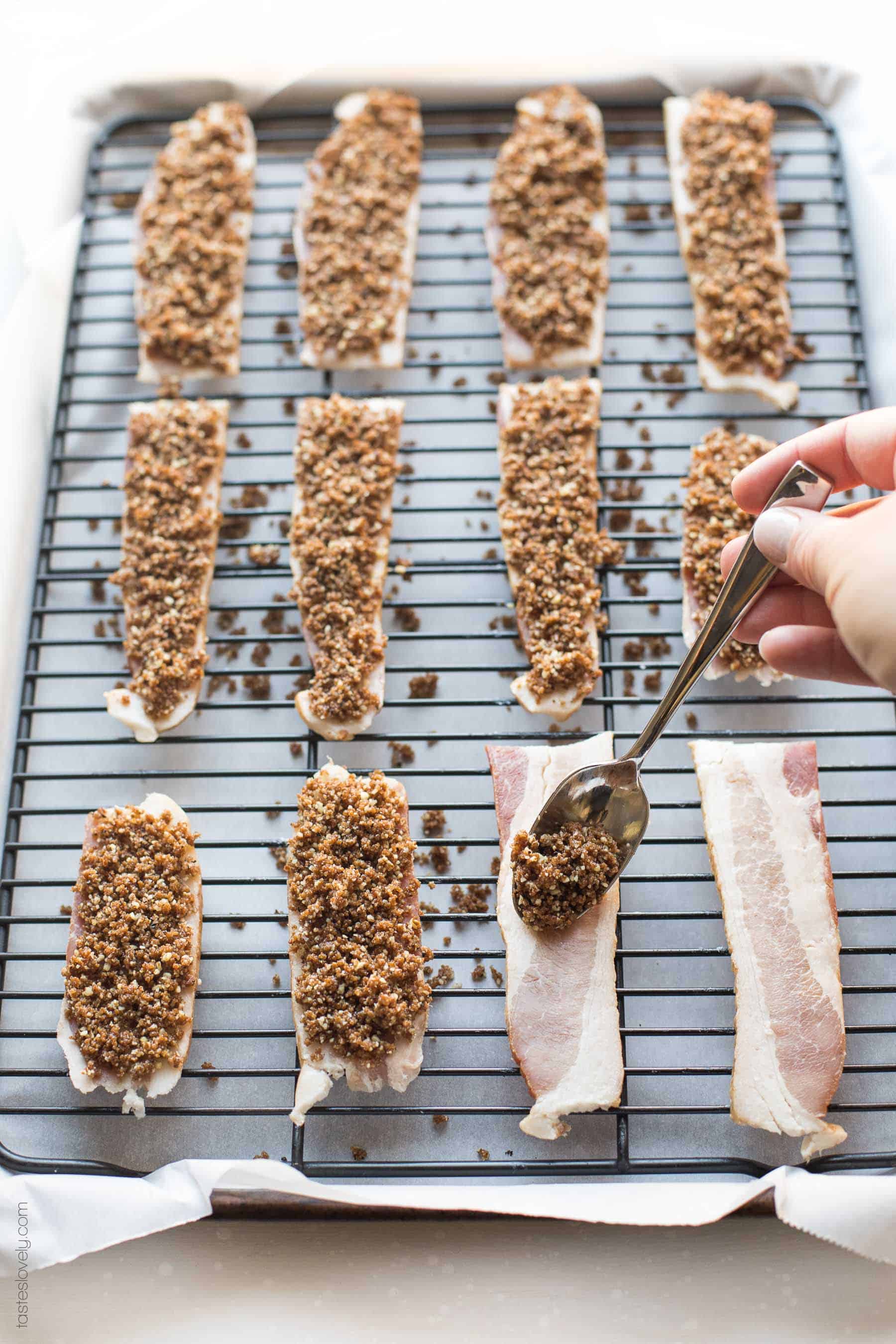 Paleo Pecan Candied Bacon - a salty + sweet brunch side or appetizer recipe (gluten free, dairy free, refined sugar free)