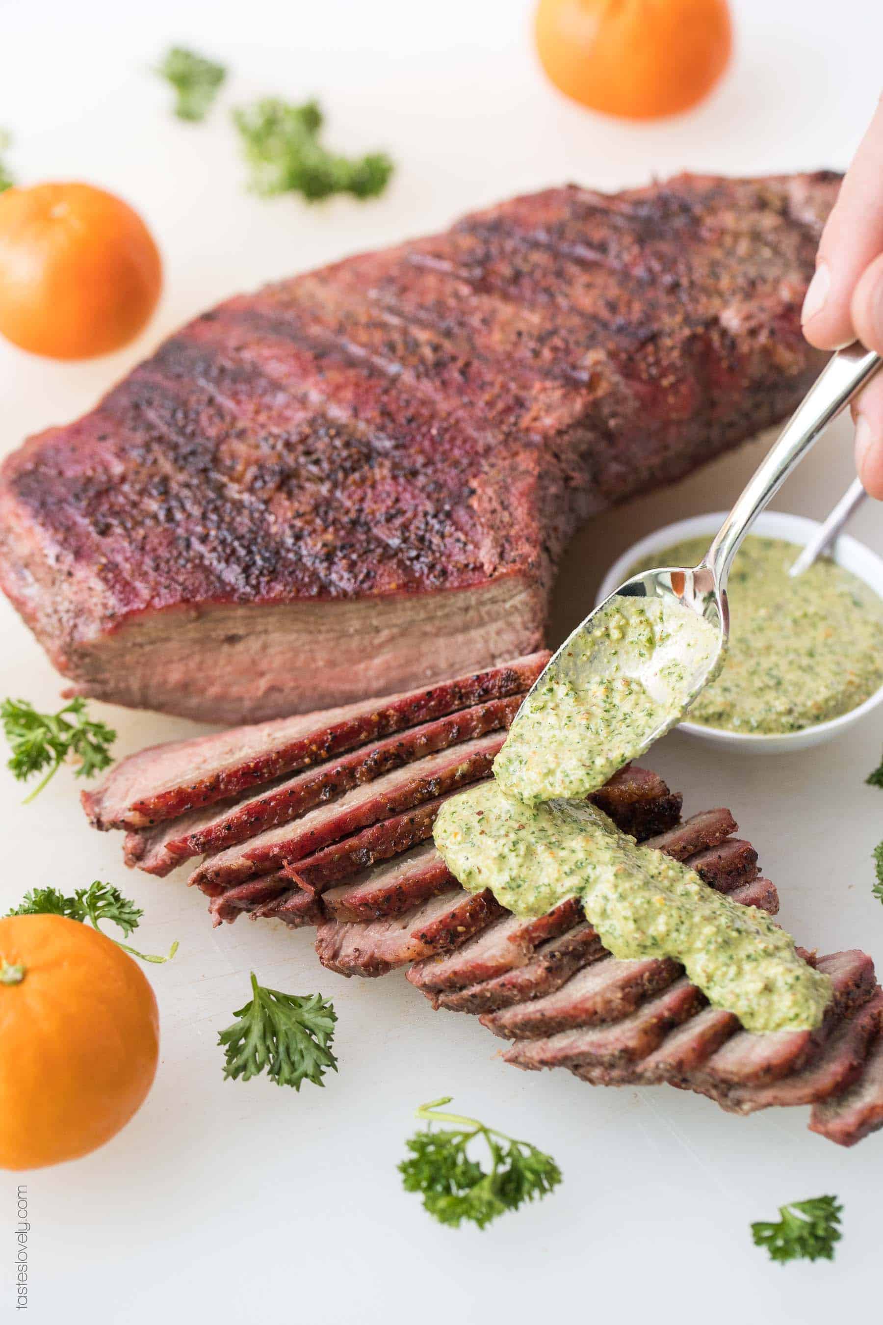 Paleo + Whole30 Tri Tip with Orange Parsley Sauce Recipe - a 30 minute summer grilling recipe. Gluten free, grain free, dairy free, sugar free, keto, clean eating, real food.