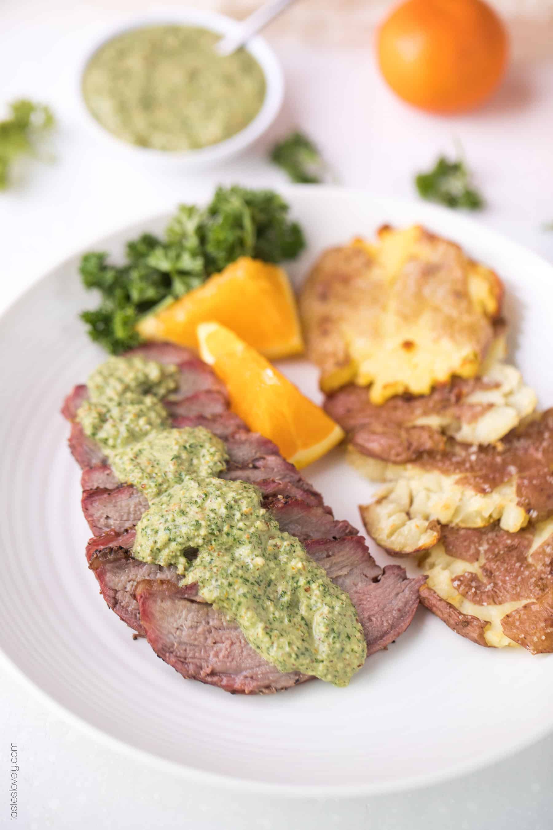 Paleo + Whole30 Tri Tip with Orange Parsley Sauce Recipe - a 30 minute summer grilling recipe. Gluten free, grain free, dairy free, sugar free, keto, clean eating, real food.