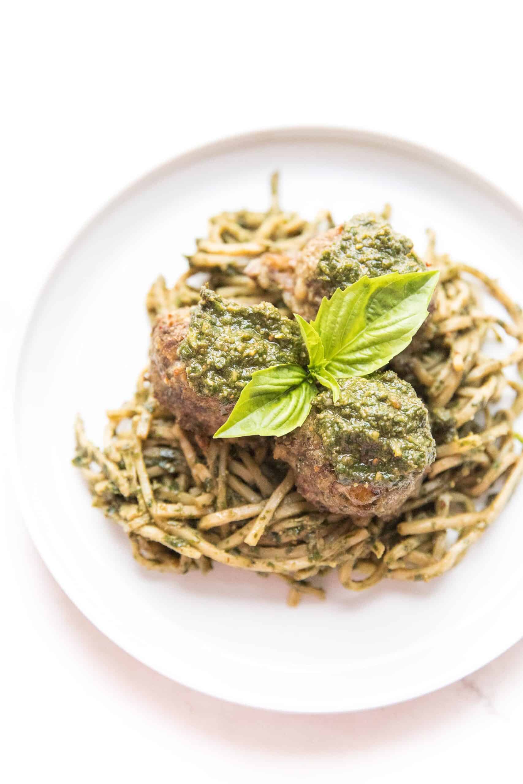 pesto meatballs on pesto hearts of palm low carb noodles