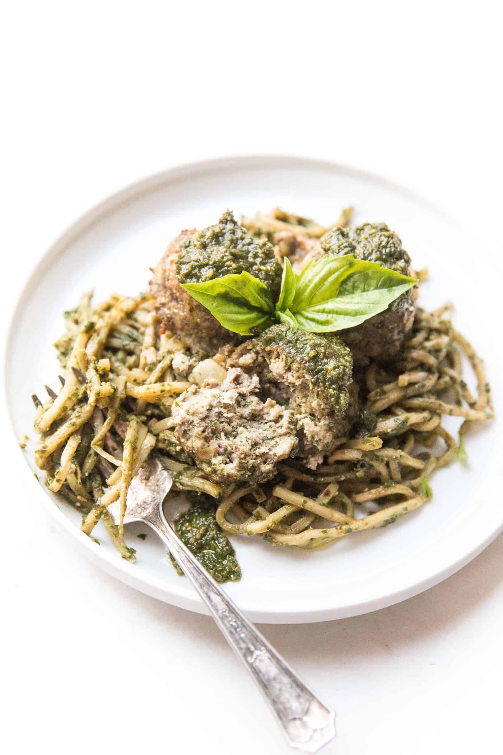 pesto meatballs on pesto hearts of palm low carb noodles