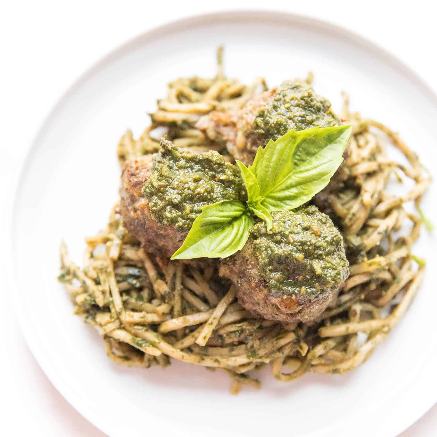 pesto meatballs on pesto hearts of palm low carb noodles
