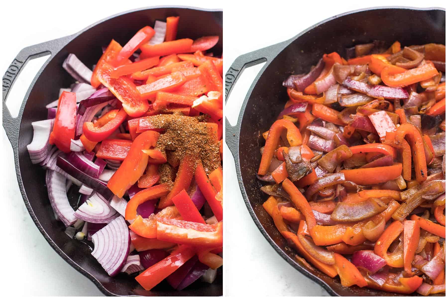 steps to making fajita veggies in a cast iron skillet