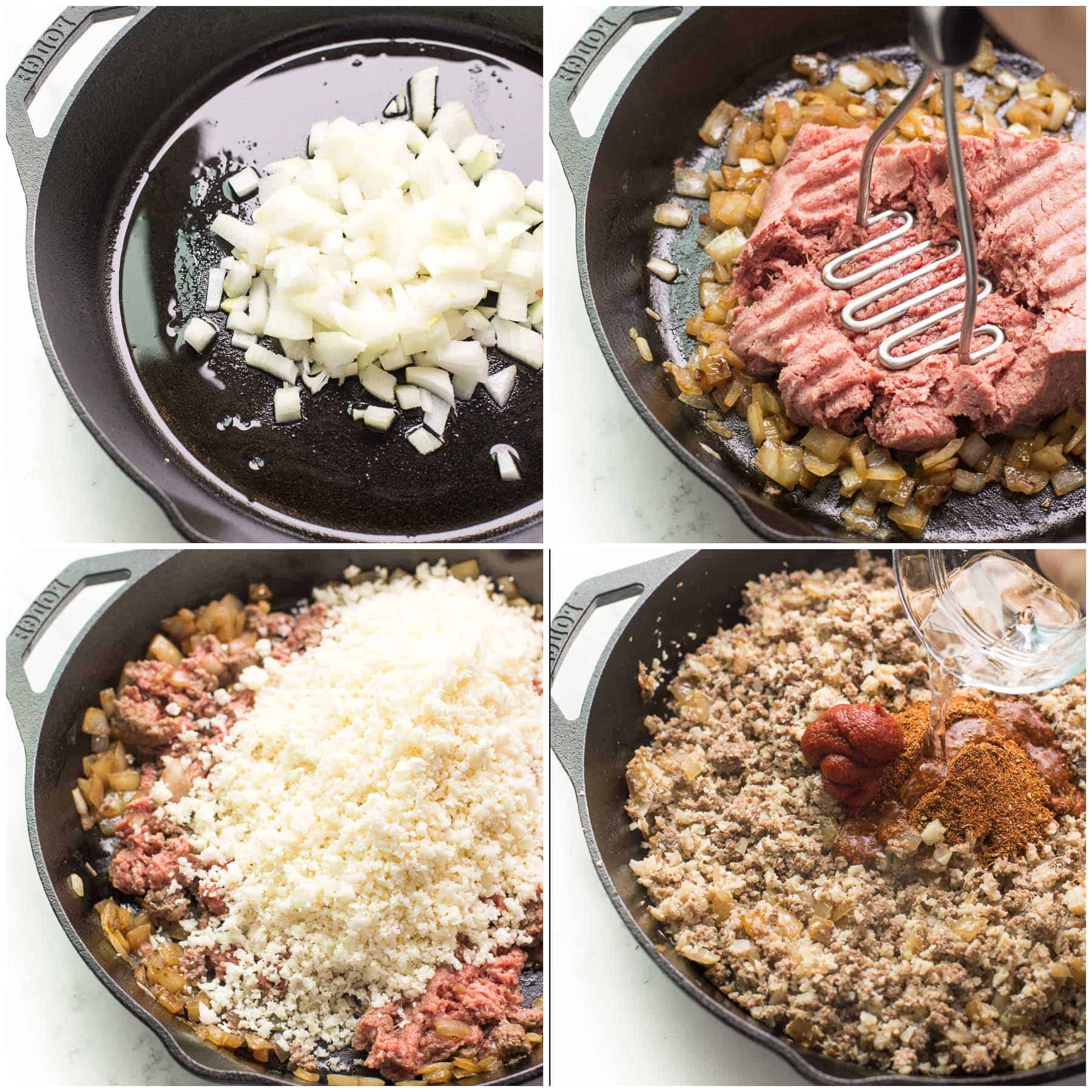 steps to making ground beef taco meat in a cast iron skillet