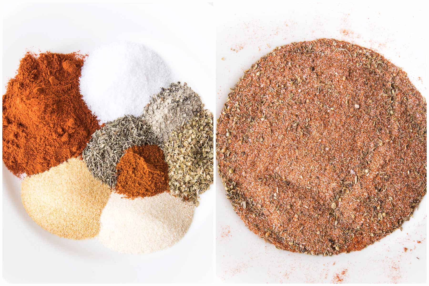 ingredients for cajun seasoning on a plate in a white background