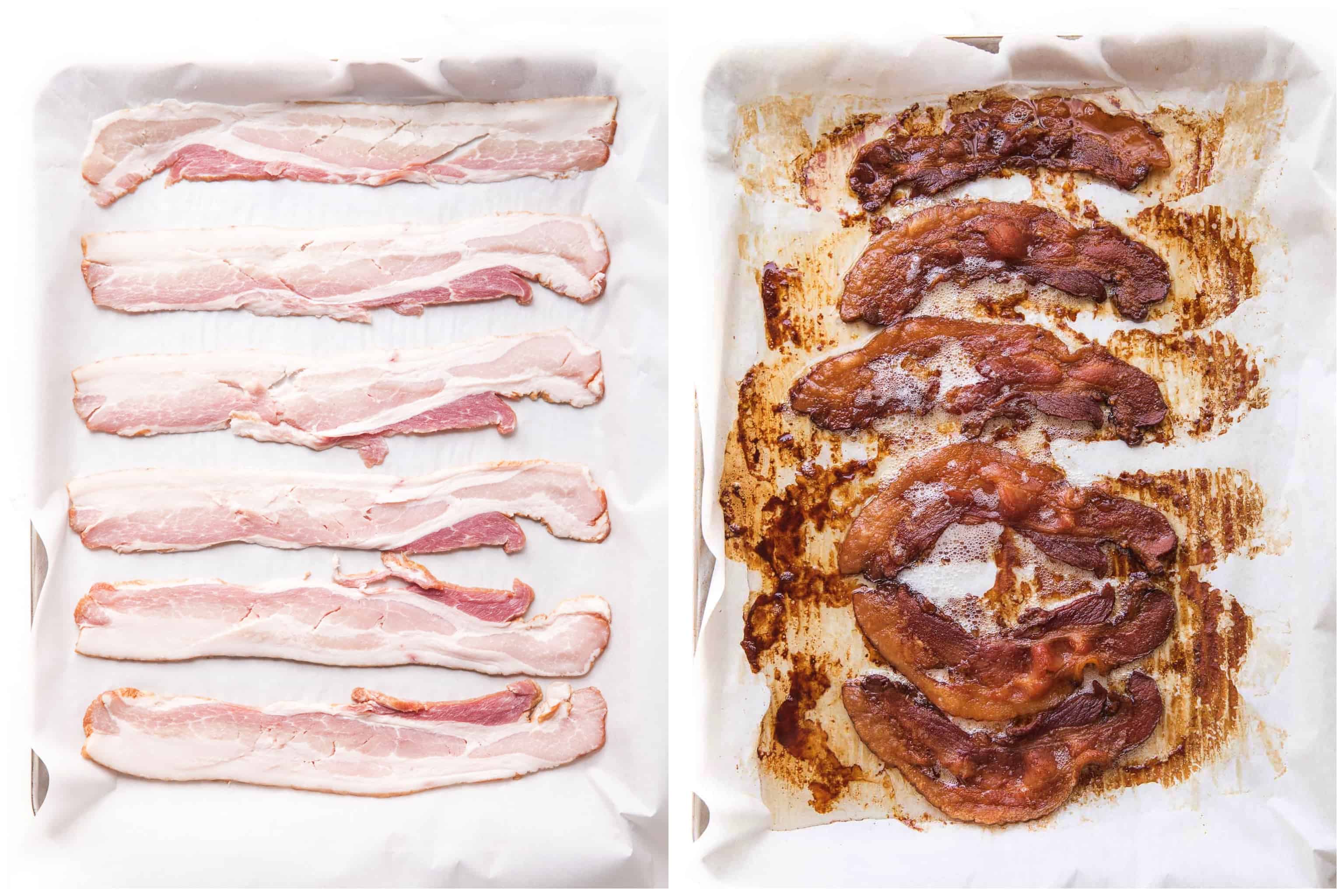 side by side of uncooked bacon and cooked bacon
