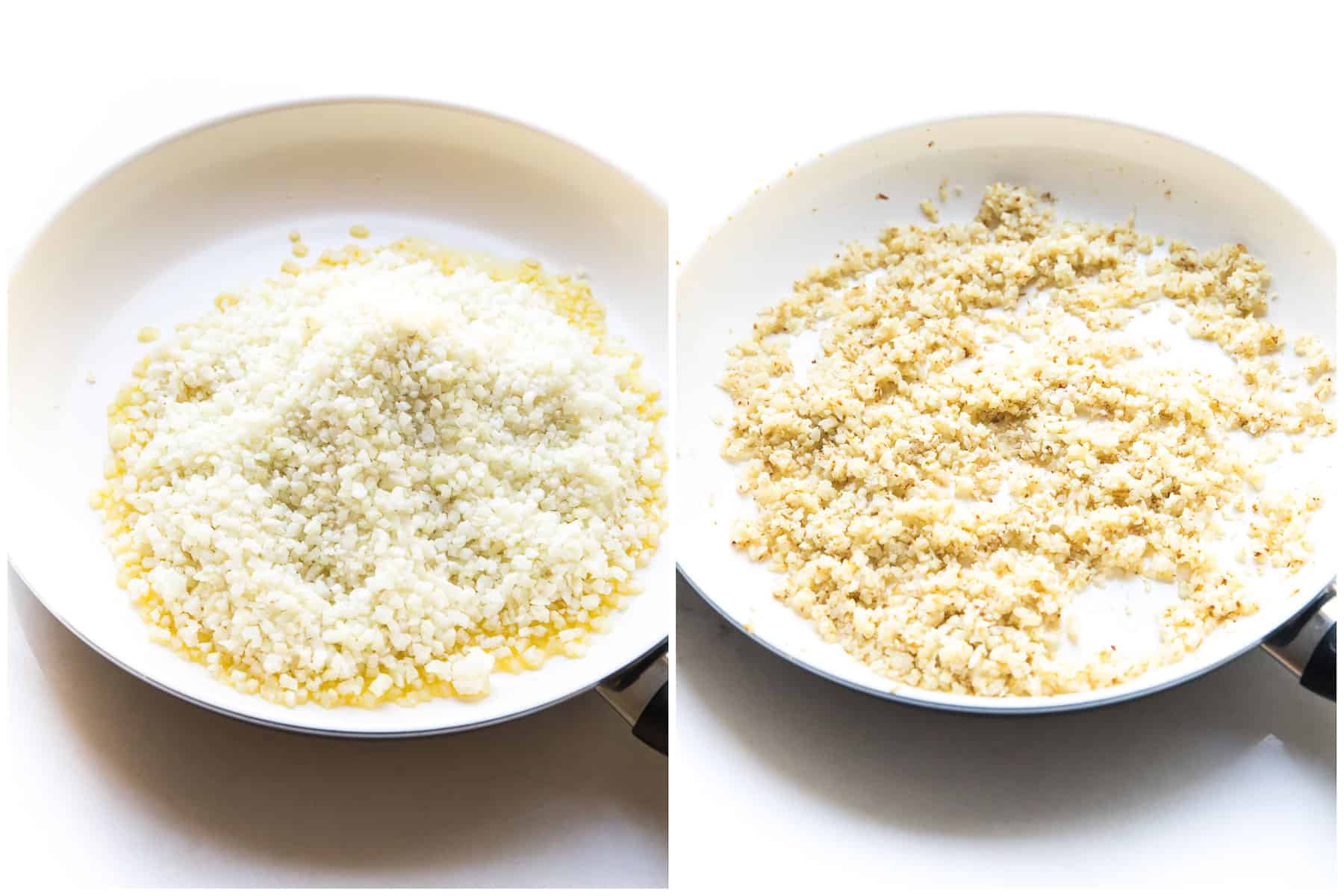 steps to making cauliflower rice in a skillet