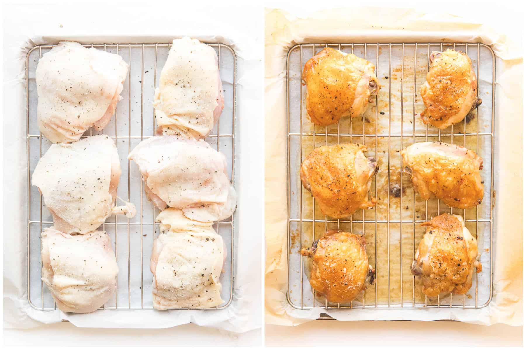 how to make crispy golden brown chicken thighs on a wire rack rimmed baking sheet