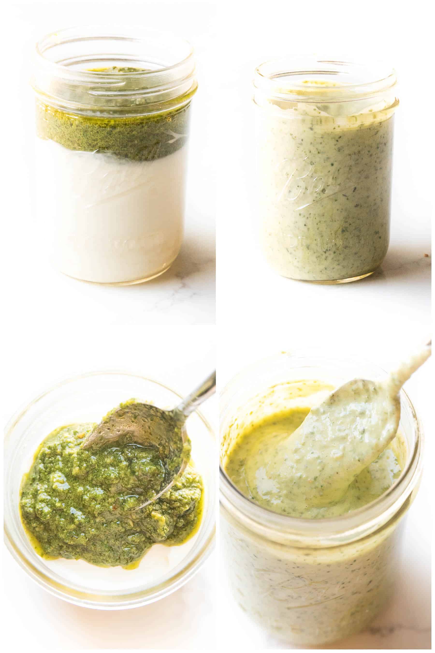 steps to making pesto aioli in a mason jar on a white background