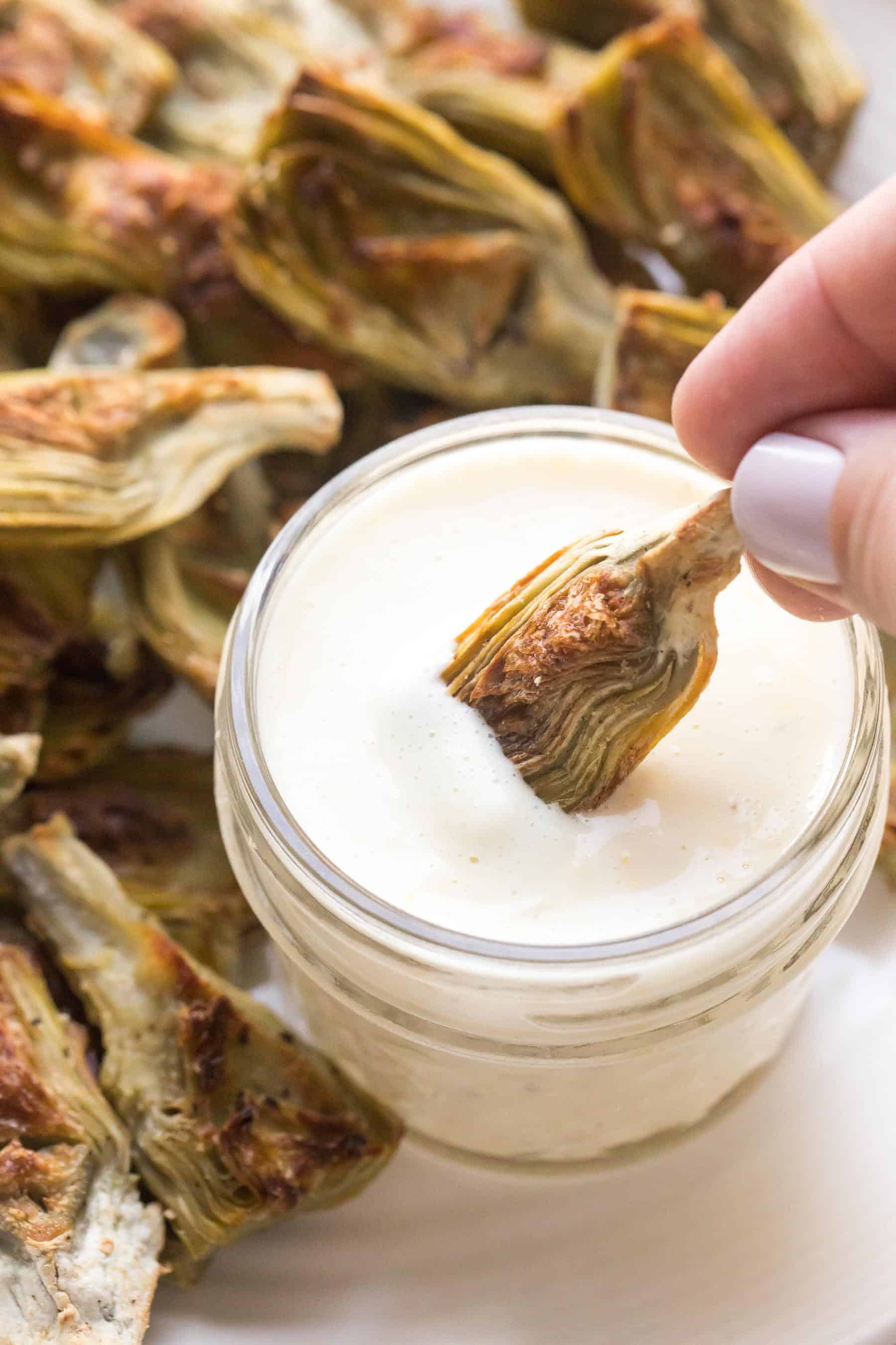 frozen artichoke hearts roasted and dipped in lemon garlic aioli