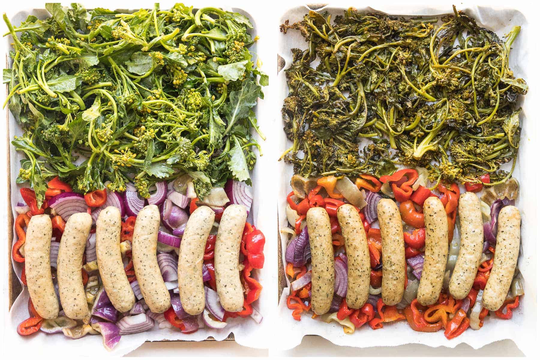 before and after of sheet pan sausage + veggies