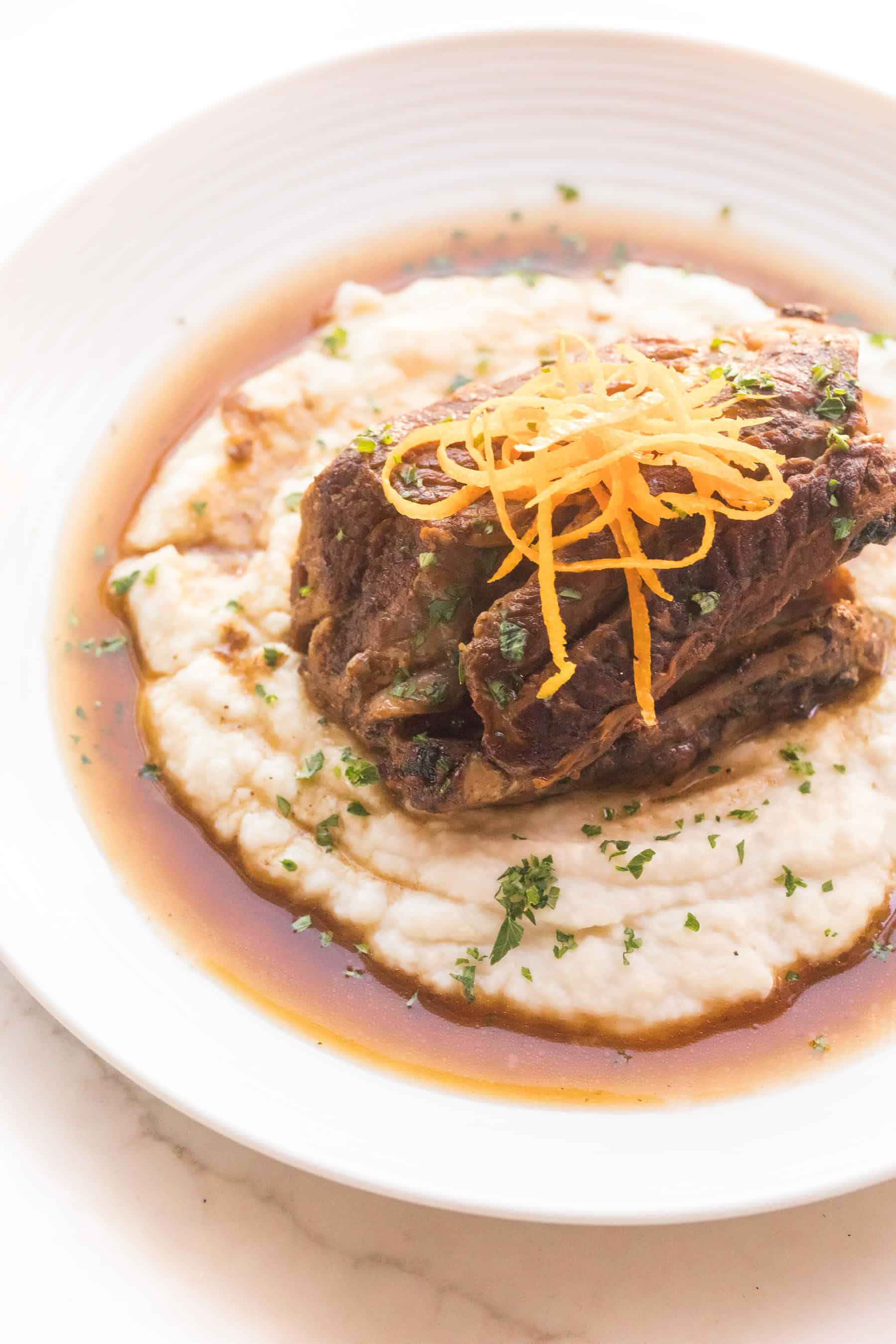 moroccan short ribs over mashed cauliflower