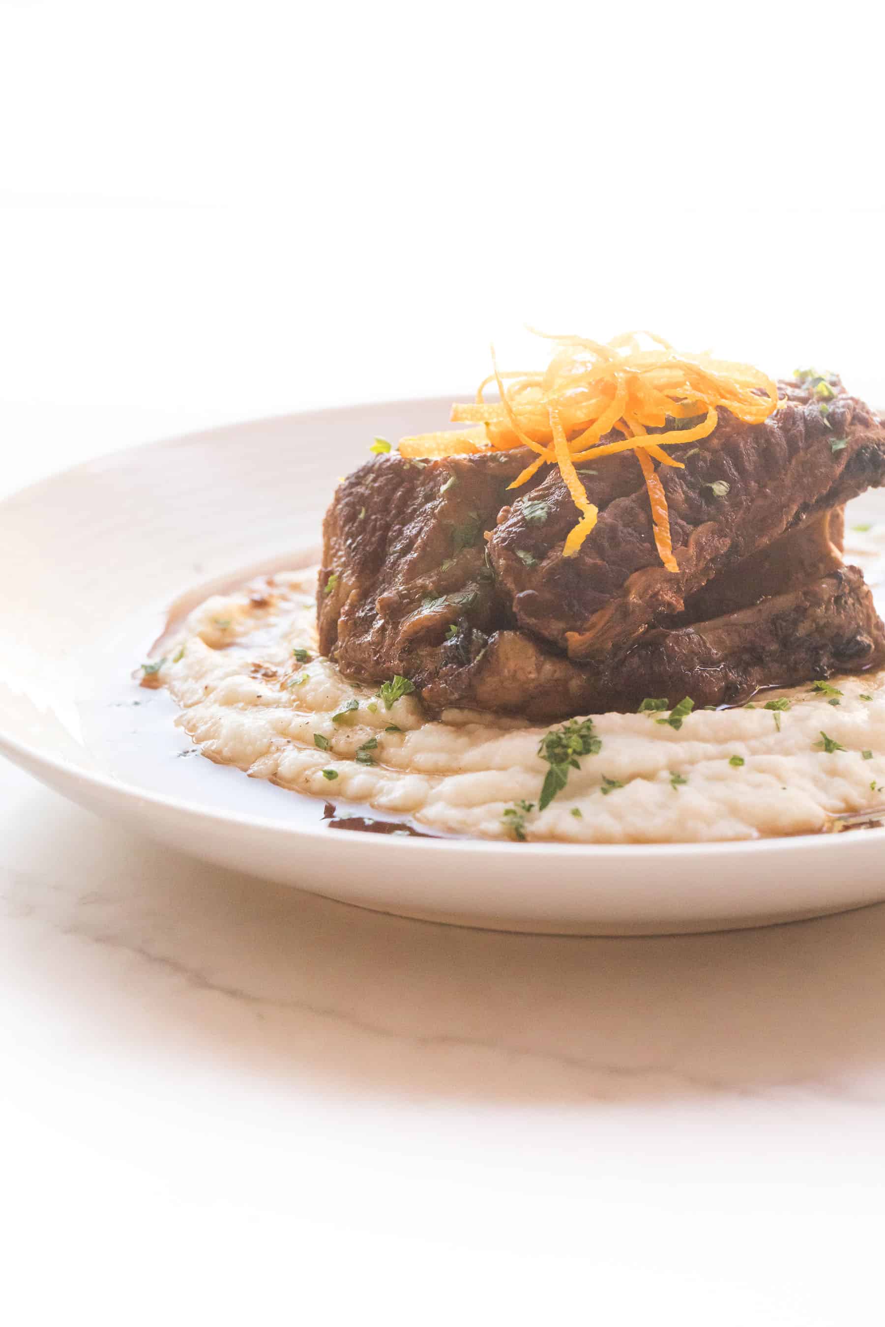 moroccan short ribs over mashed cauliflower