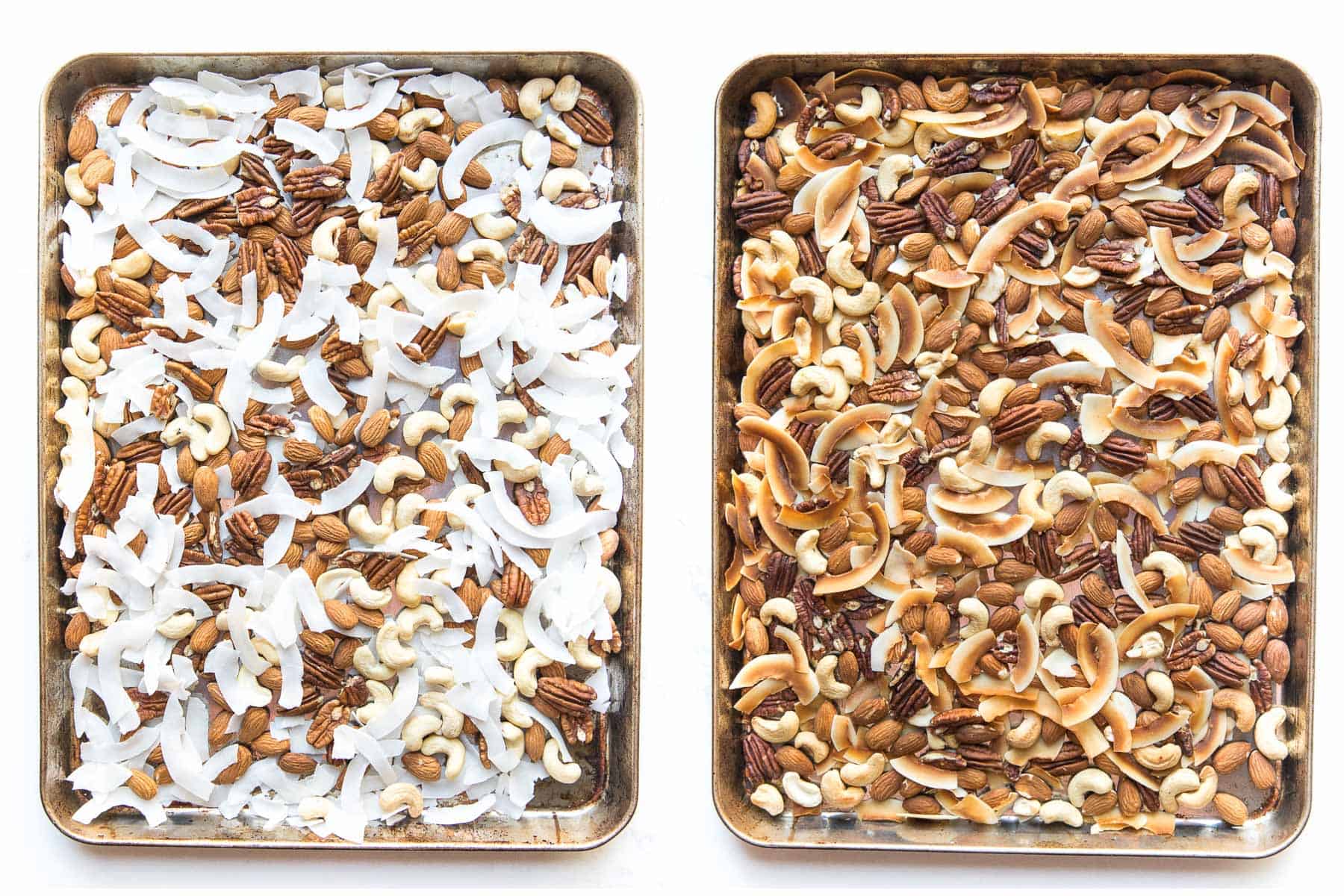 before and after of roasting nuts and coconuts trail mix