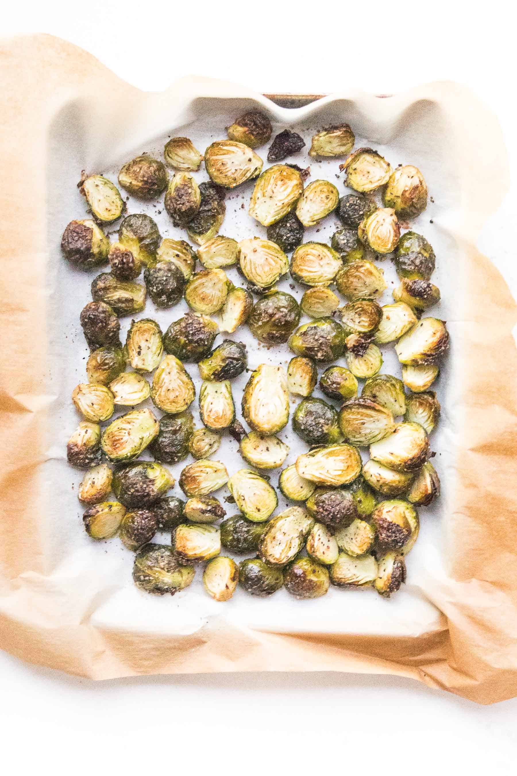 roasted brussels sprouts on a baking sheet