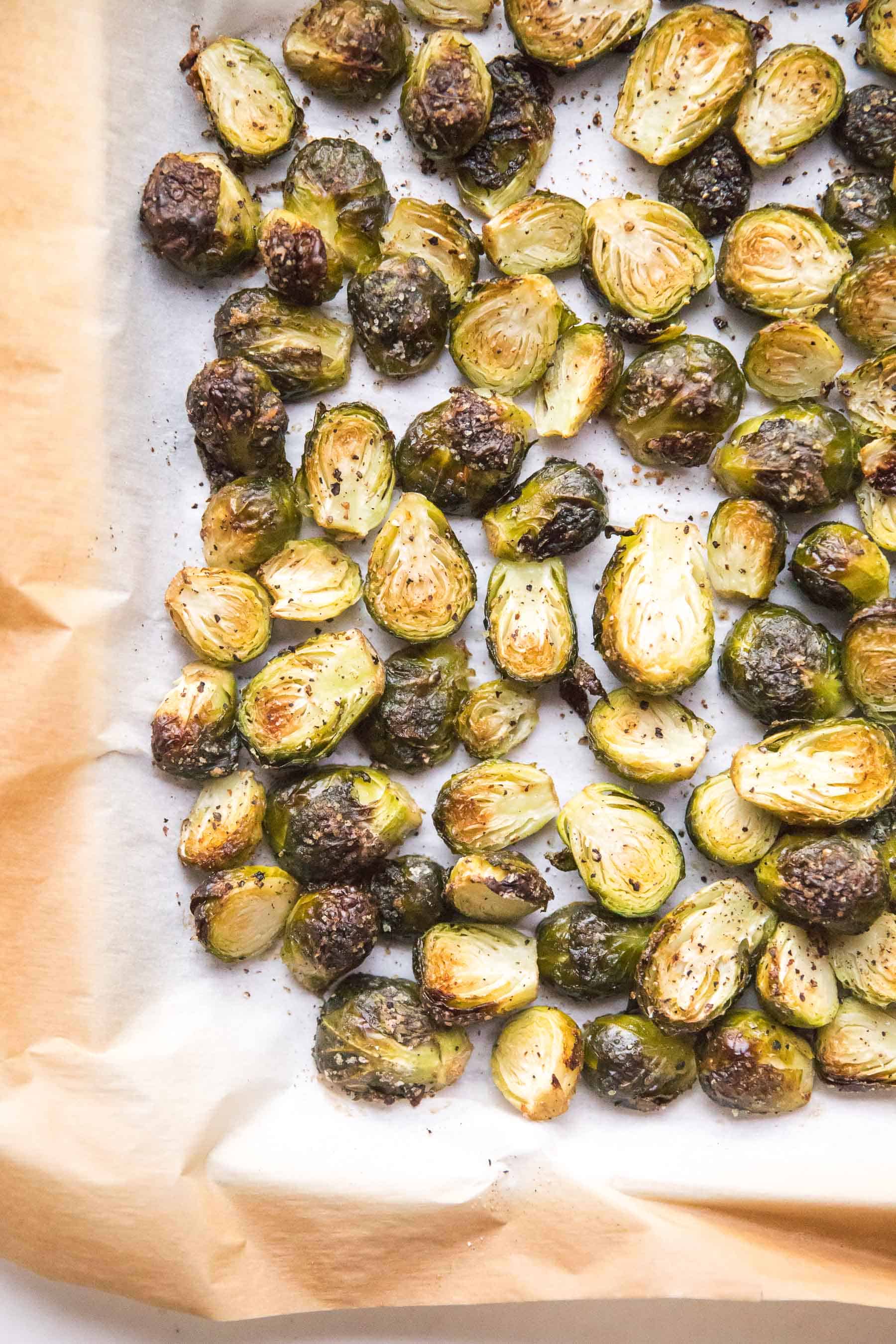 roasted brussels sprouts on a baking sheet